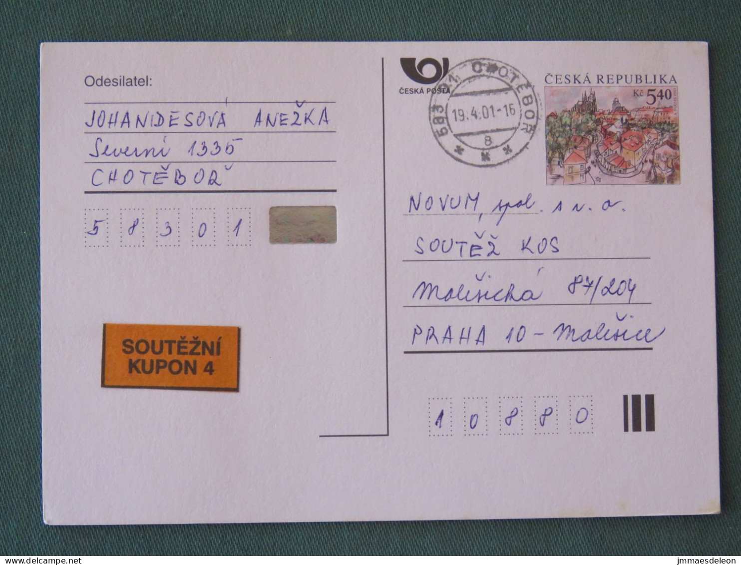 Czech Republic 2001 Stationery Postcard 5.40 Kcs Prague Sent Locally - Lettres & Documents