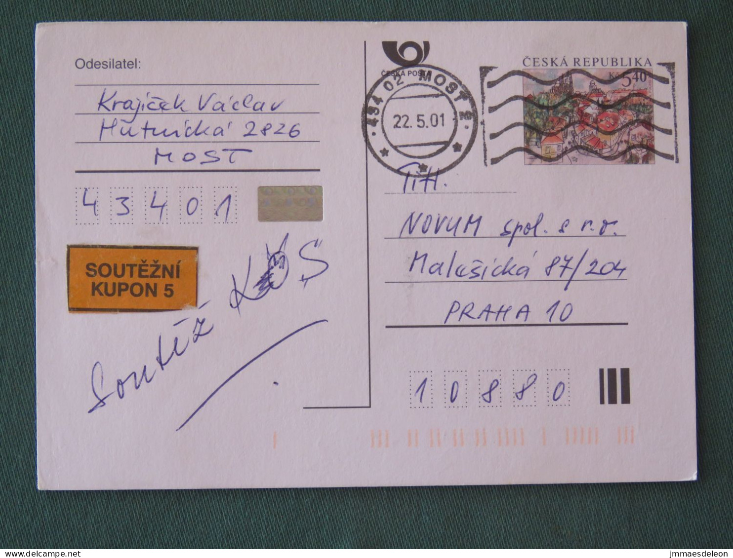 Czech Republic 2001 Stationery Postcard 5.40 Kcs Prague Sent Locally - Brieven En Documenten