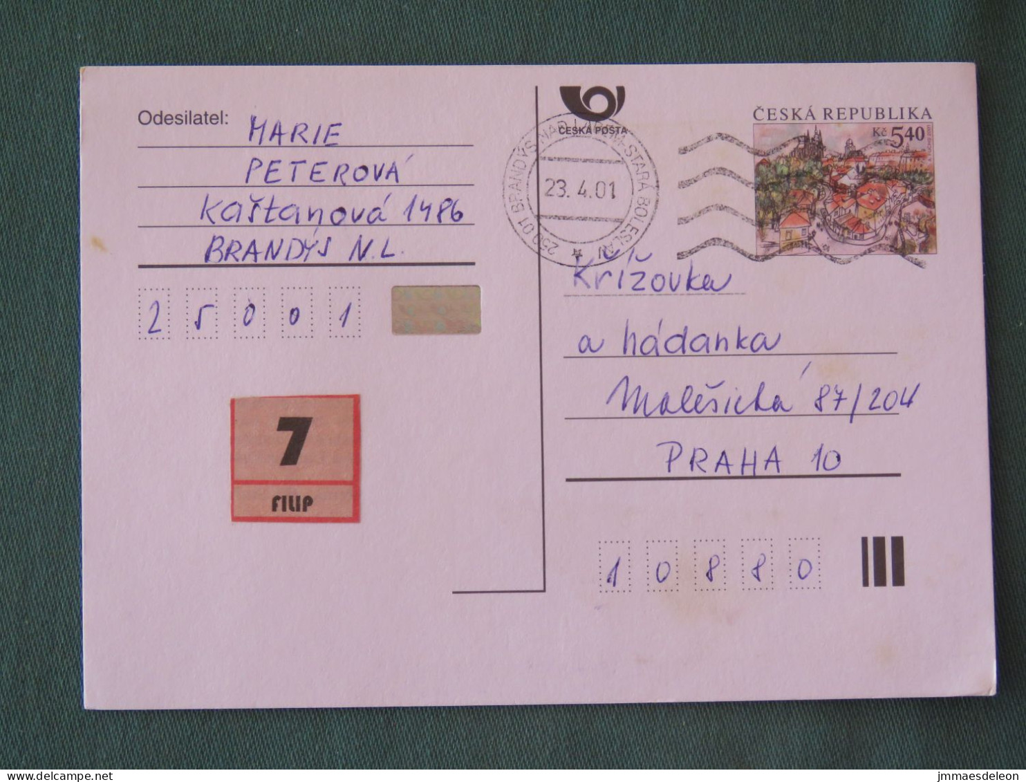 Czech Republic 2001 Stationery Postcard 5.40 Kcs Prague Sent Locally - Brieven En Documenten