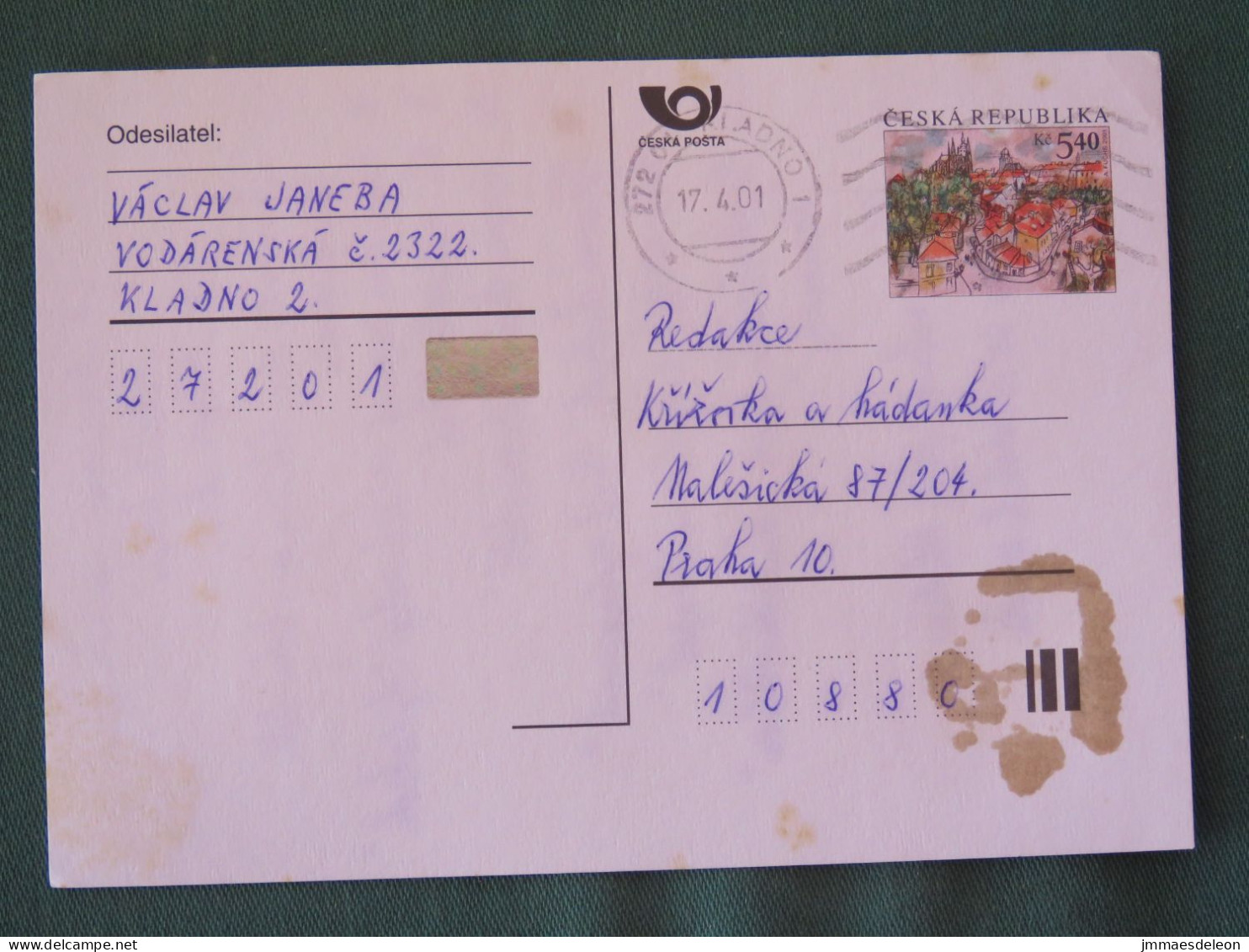 Czech Republic 2001 Stationery Postcard 5.40 Kcs Prague Sent Locally - Covers & Documents