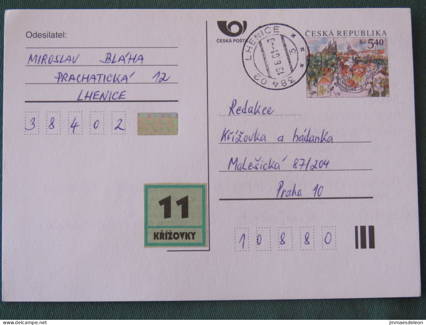 Czech Republic 2001 Stationery Postcard 5.40 Kcs Prague Sent Locally - Brieven En Documenten