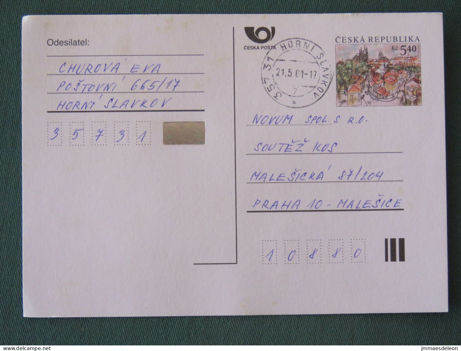 Czech Republic 2001 Stationery Postcard 5.40 Kcs Prague Sent Locally - Lettres & Documents