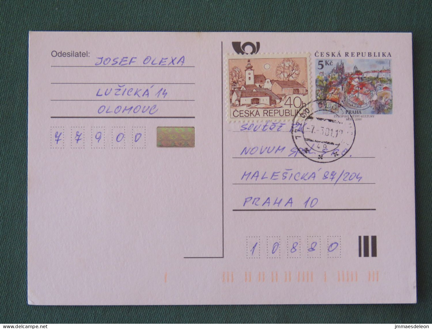 Czech Republic 2001 Stationery Postcard 5 Kcs Prague Sent Locally + Church - Briefe U. Dokumente