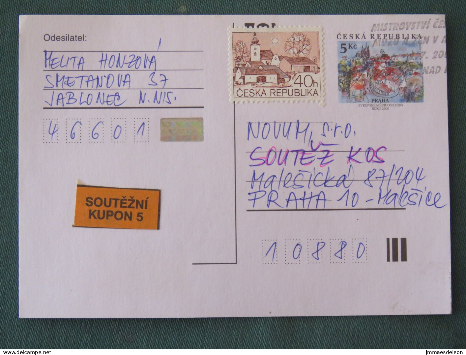 Czech Republic 2001 Stationery Postcard 5 Kcs Prague Sent Locally + Church - Briefe U. Dokumente