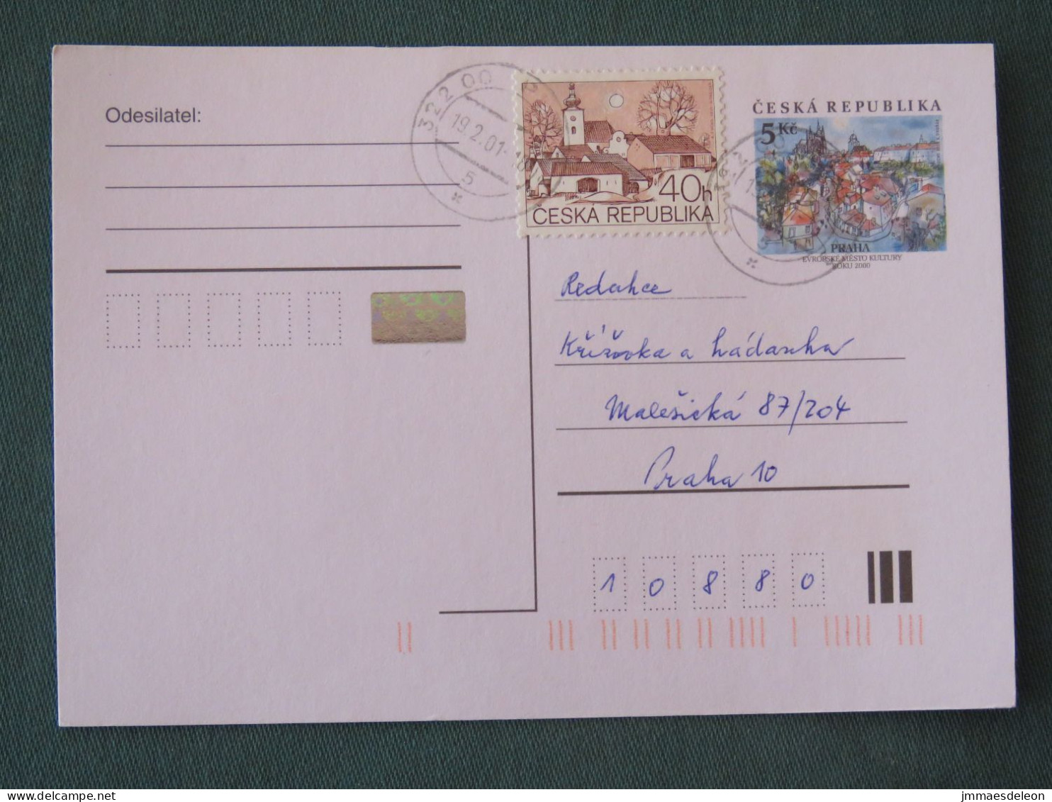 Czech Republic 2001 Stationery Postcard 5 Kcs Prague Sent Locally + Church - Lettres & Documents