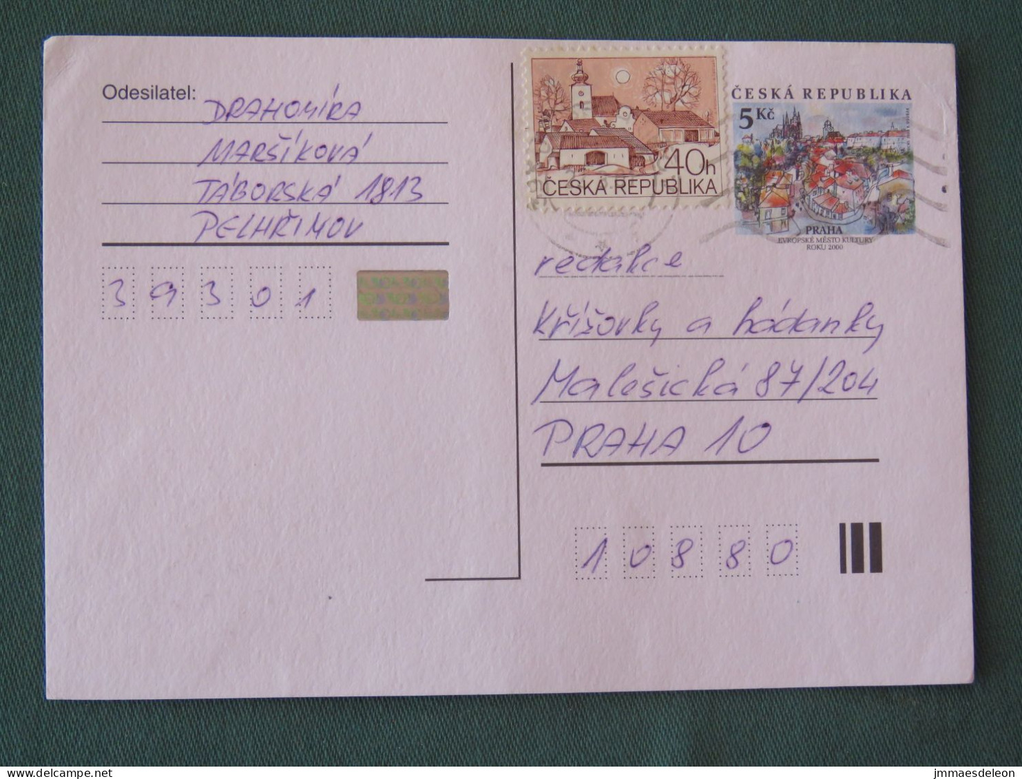 Czech Republic 2001 Stationery Postcard 5 Kcs Prague Sent Locally + Church - Lettres & Documents