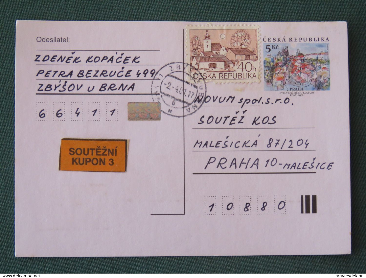 Czech Republic 2001 Stationery Postcard 5 Kcs Prague Sent Locally + Church - Briefe U. Dokumente