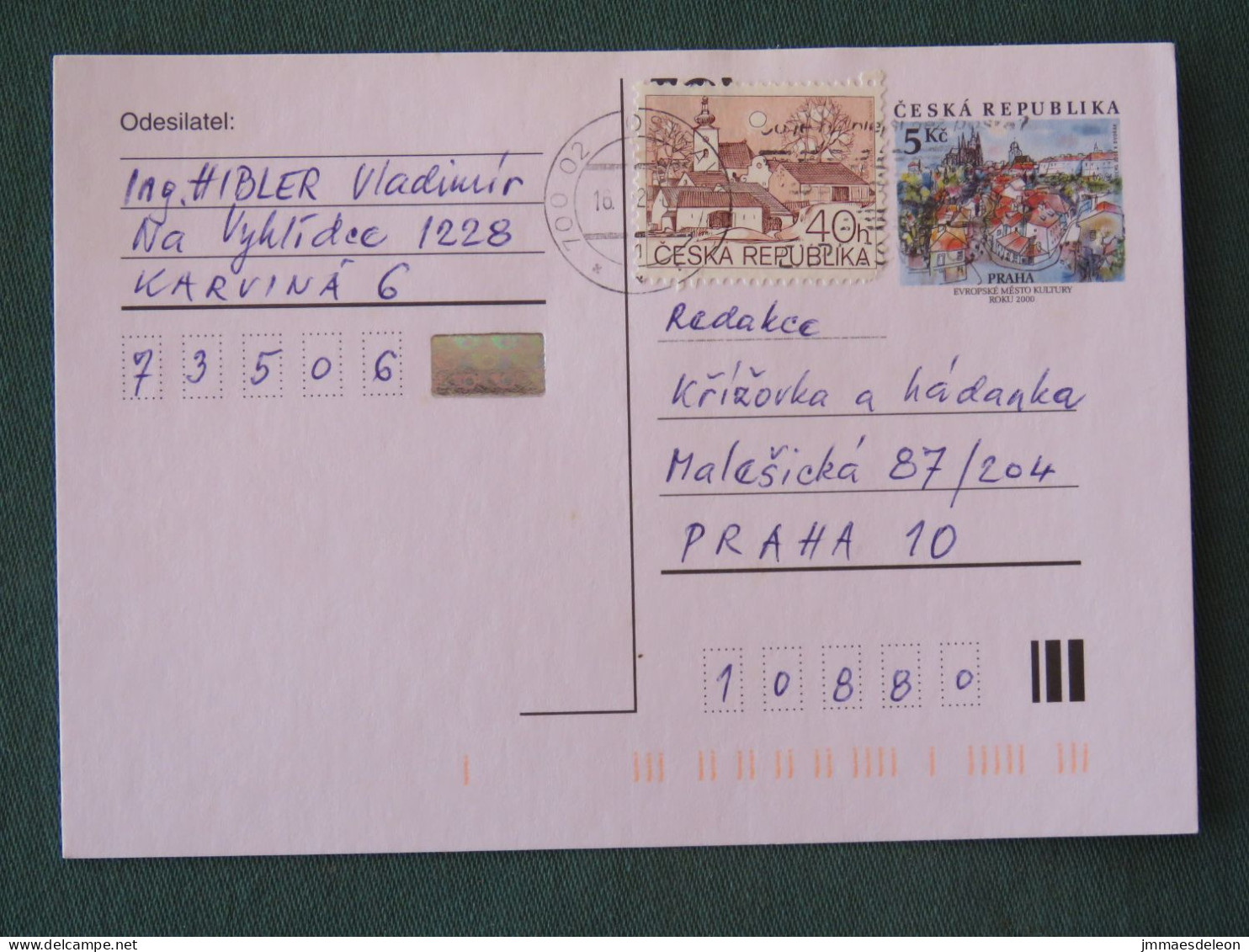 Czech Republic 2001 Stationery Postcard 5 Kcs Prague Sent Locally + Church - Briefe U. Dokumente