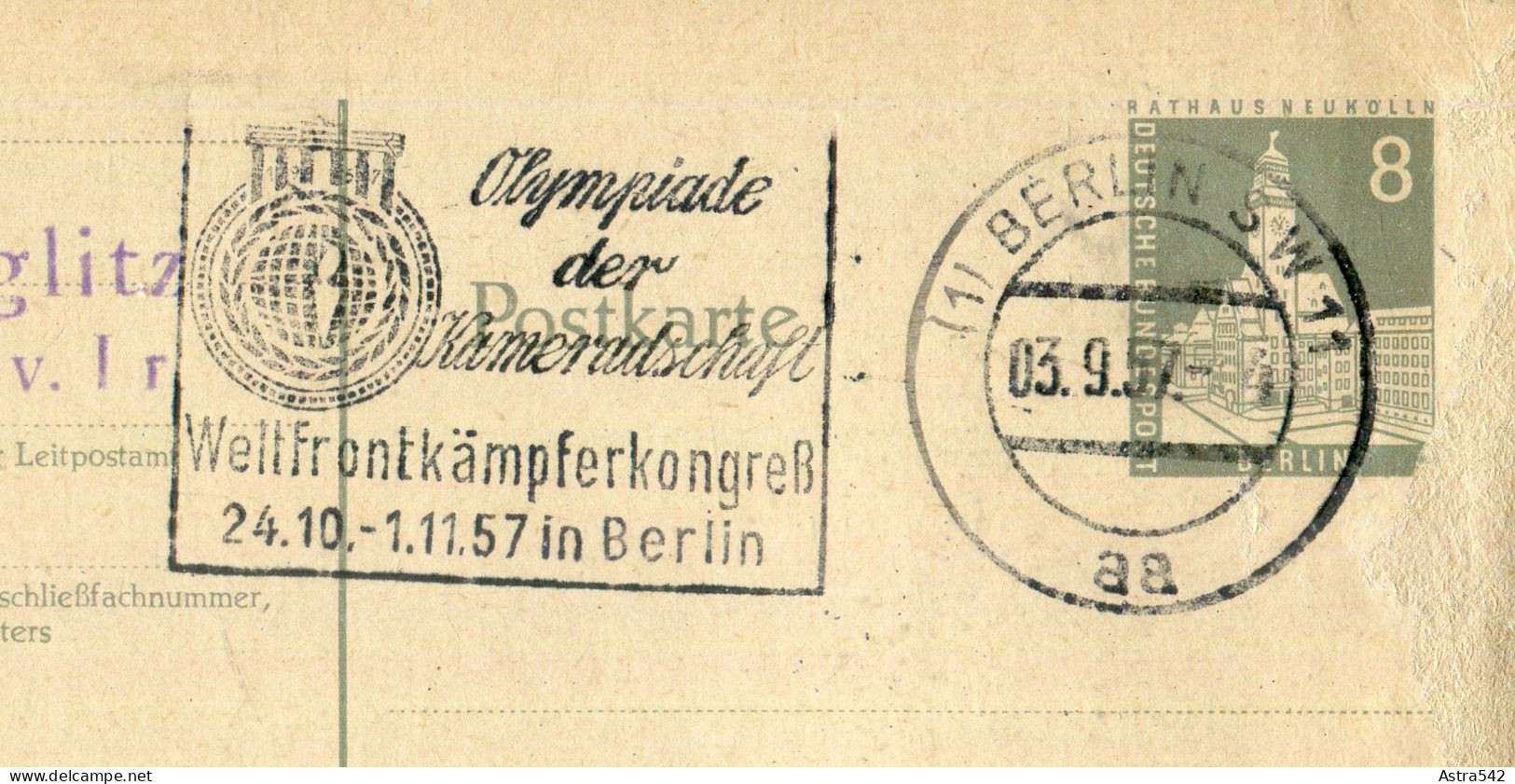 "BERLIN" 1957, Postkarte Mi. P 35 Stempel "BERLIN, Olympiade Der Kameradschaft" (50149) - Postkaarten - Gebruikt