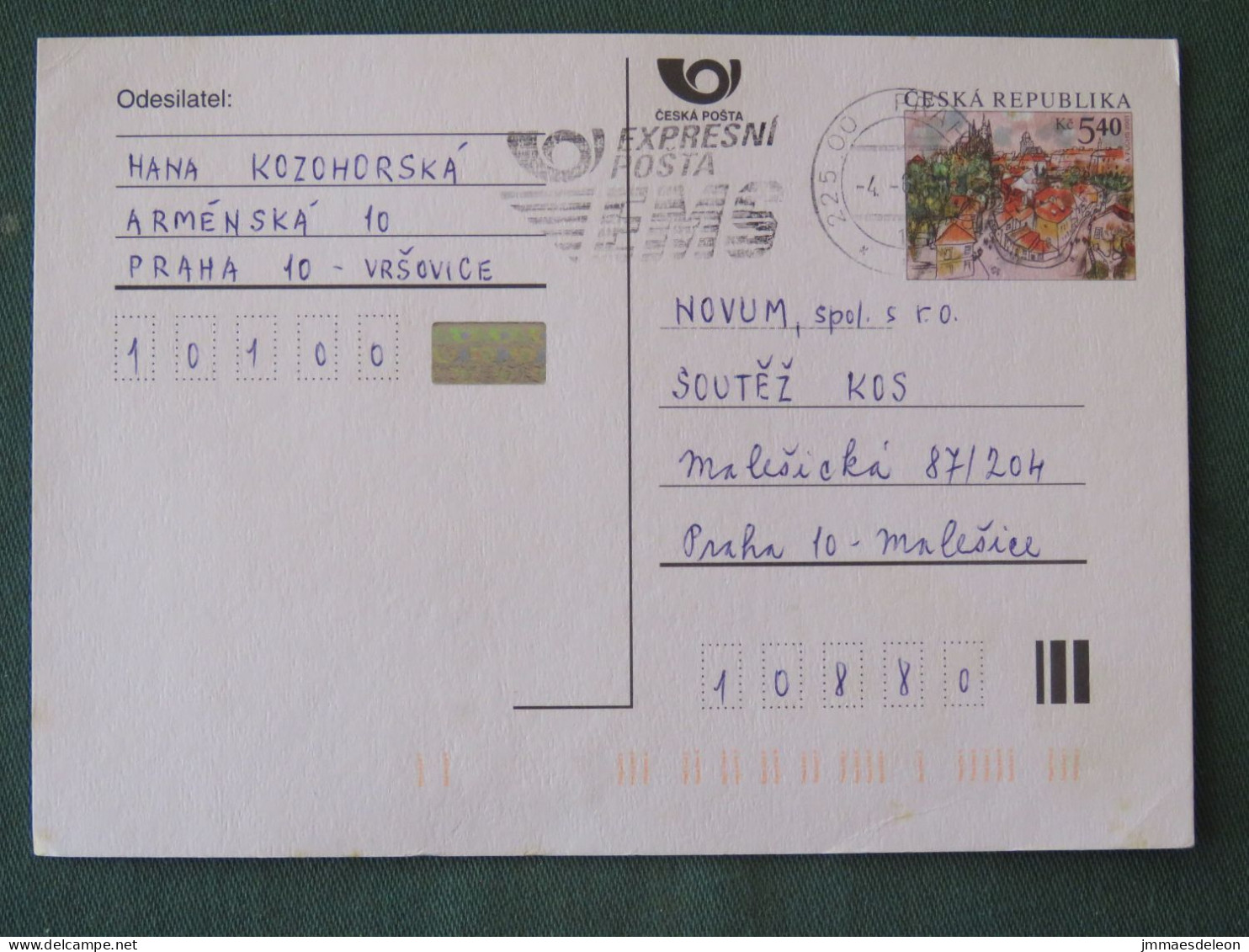 Czech Republic 2001 Stationery Postcard 5.40 Kcs Prague Sent Locally From Prague, EMS Slogan - Briefe U. Dokumente