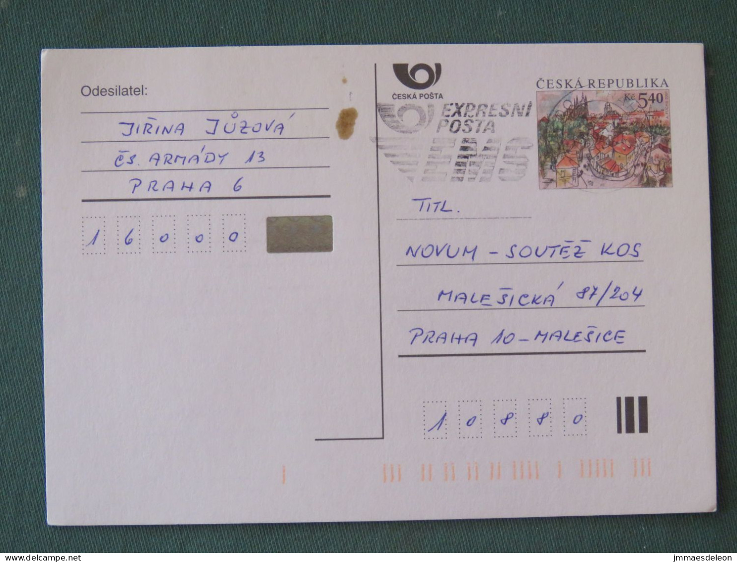 Czech Republic 2001 Stationery Postcard 5.40 Kcs Prague Sent Locally From Prague, EMS Slogan - Brieven En Documenten