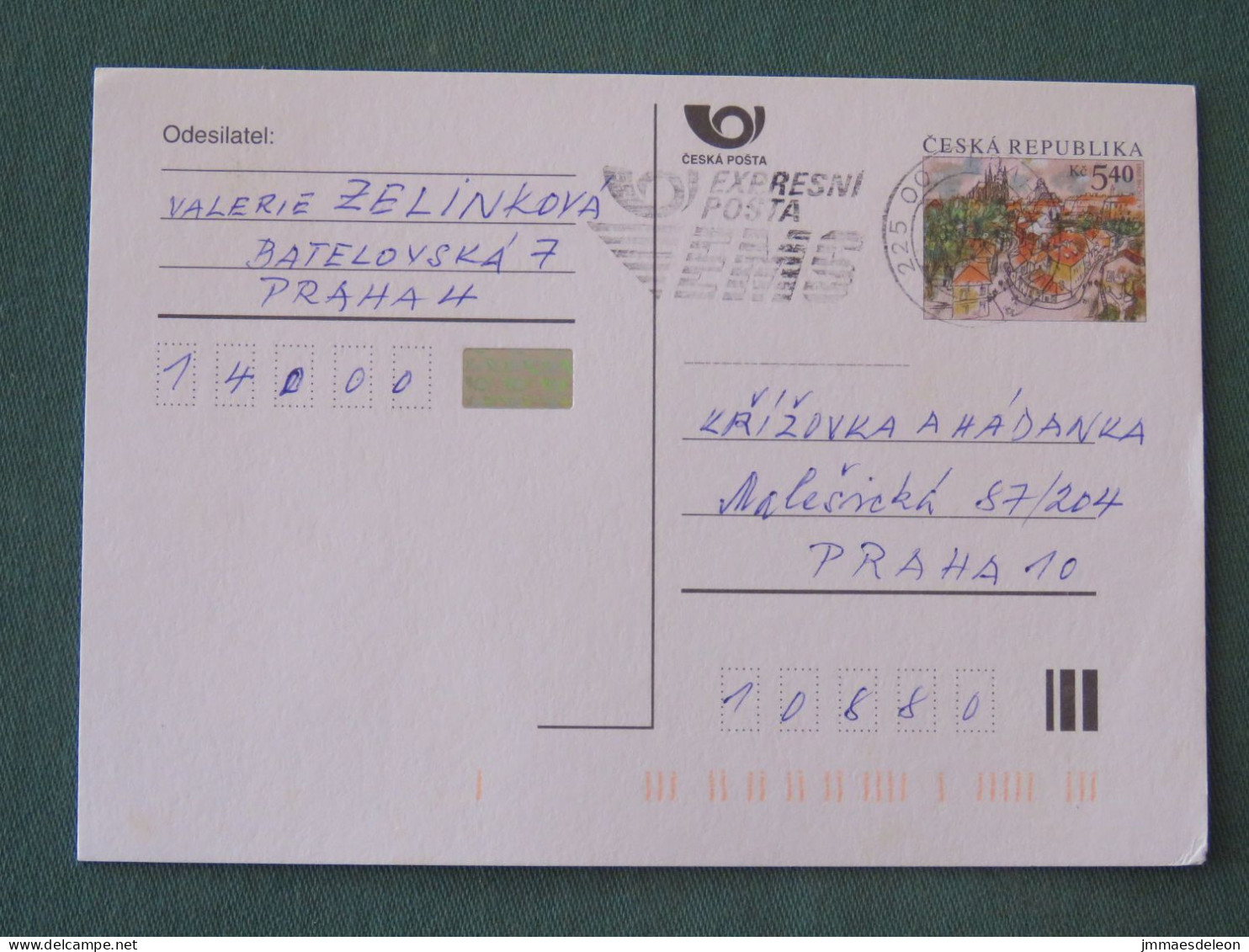 Czech Republic 2001 Stationery Postcard 5.40 Kcs Prague Sent Locally From Prague, EMS Slogan - Lettres & Documents