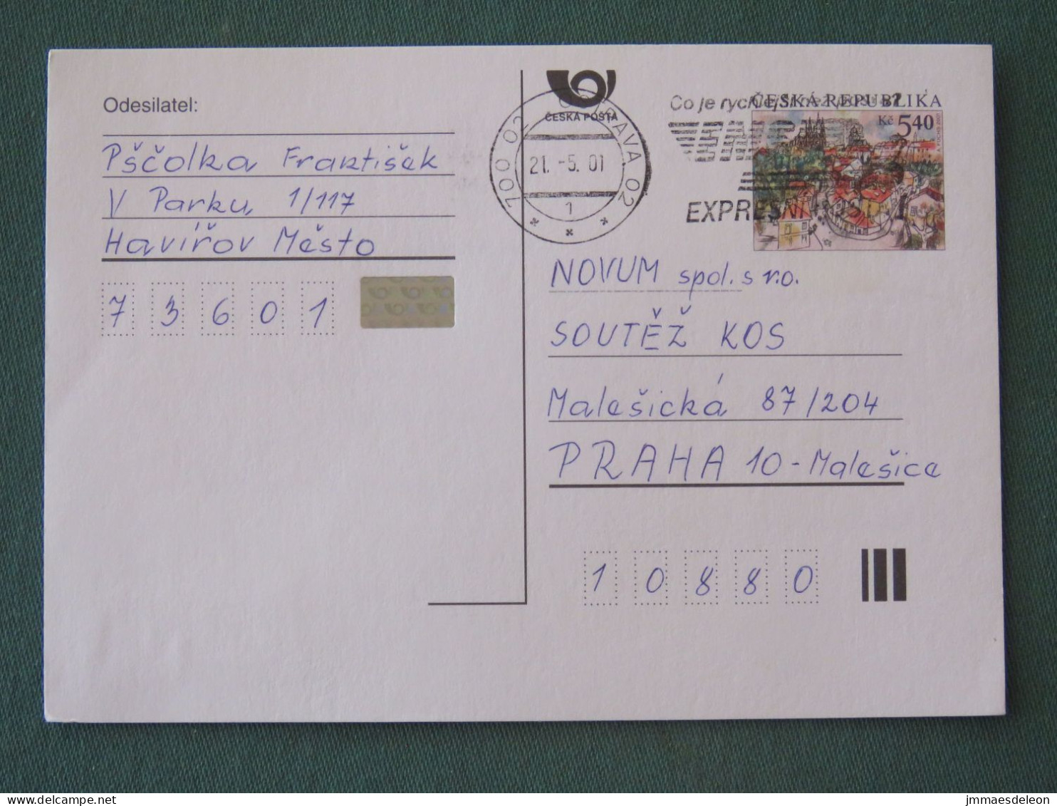 Czech Republic 2001 Stationery Postcard 5.40 Kcs Prague Sent Locally From Ostrava, EMS Slogan - Lettres & Documents