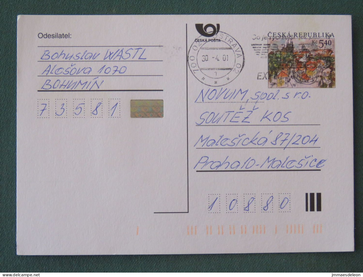 Czech Republic 2001 Stationery Postcard 5.40 Kcs Prague Sent Locally From Ostrava, EMS Slogan - Lettres & Documents