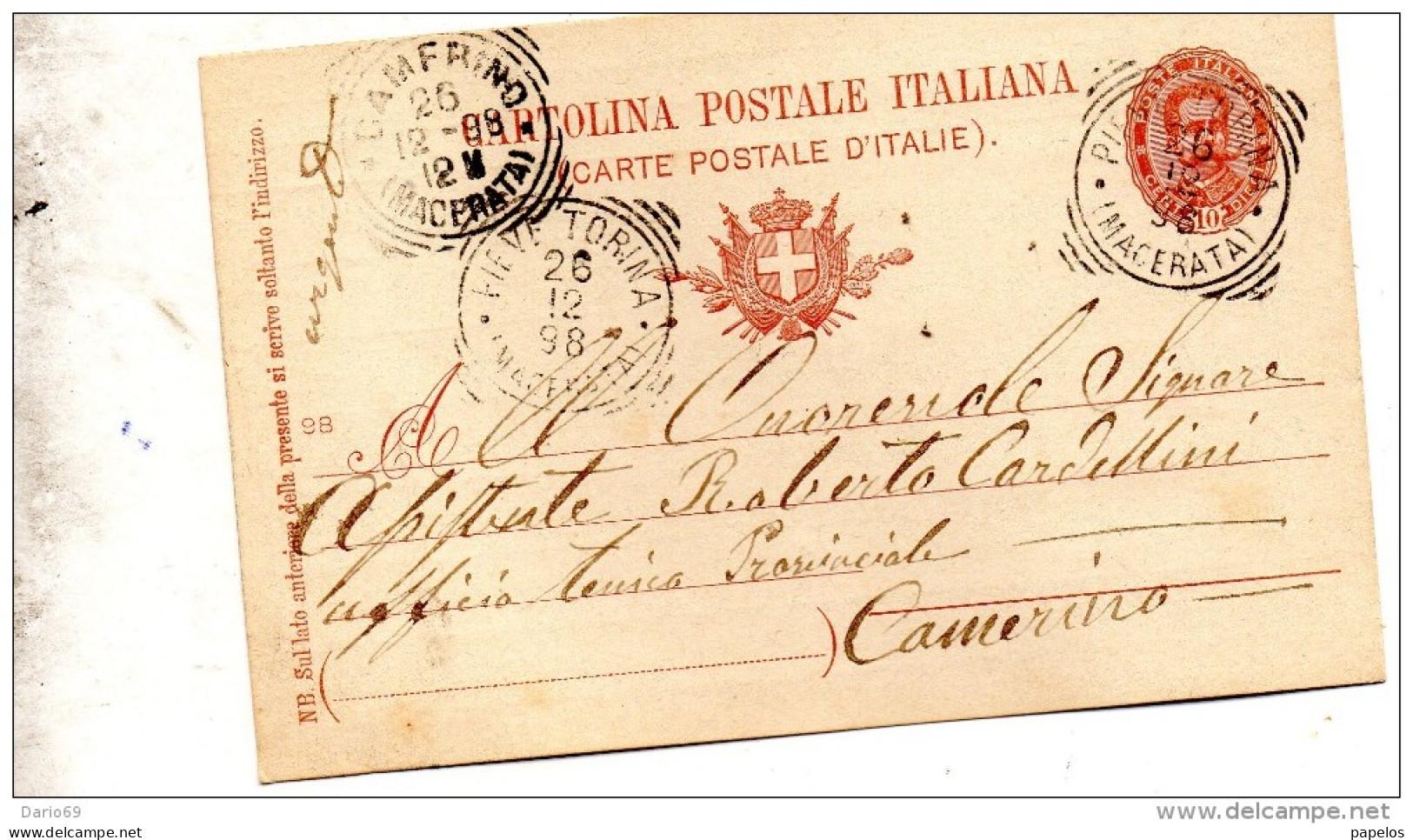 1898  CARTOLINA CON ANNULLO PIEVE  TORINA MACERATA - Stamped Stationery