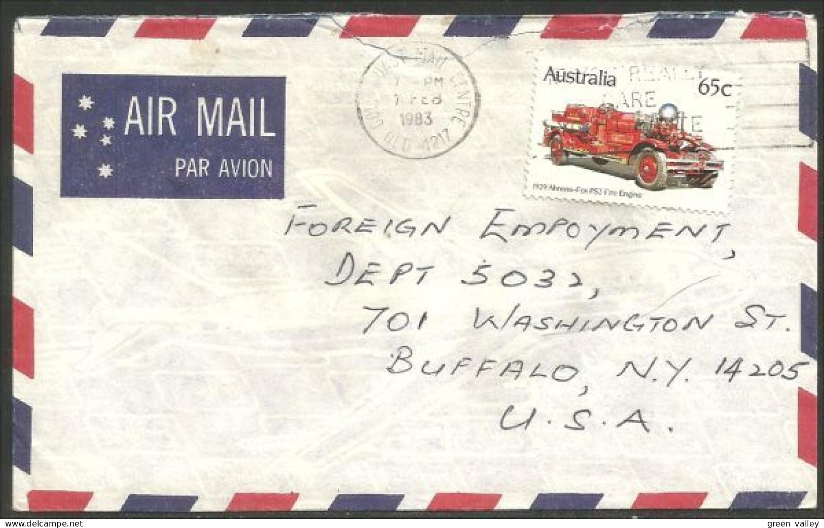 Australia Ahrens-Fox Fire Engine 1983 Cover From Gold Coast QLD To Buffalo N.Y. USA ( A91 981) - LKW