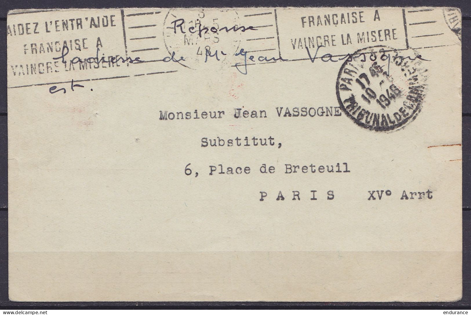EP CP Réponse "-10%" Càd "PARIS - TRIBUNAL DE COMMERCE /10-3-1948" Pour CINEY - 1946 -10 %