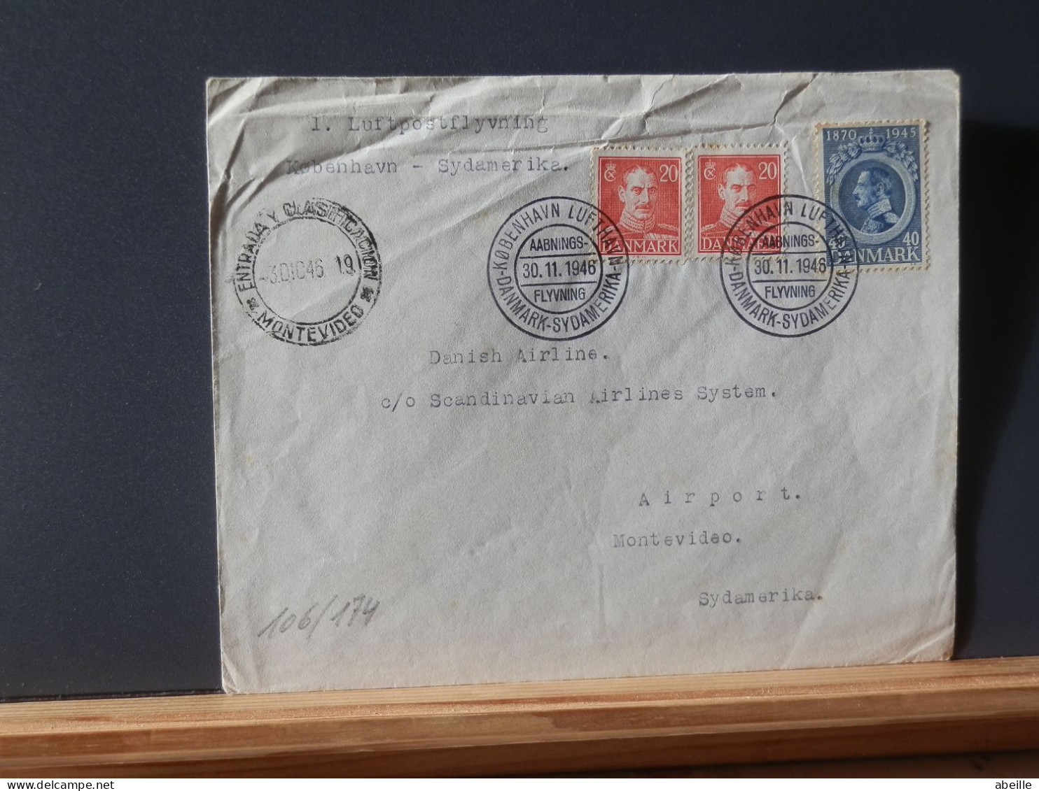 1O6/174 LETTRE  DANMARK  1946 TO MONTEVIDEO  1° FLICHT - Storia Postale