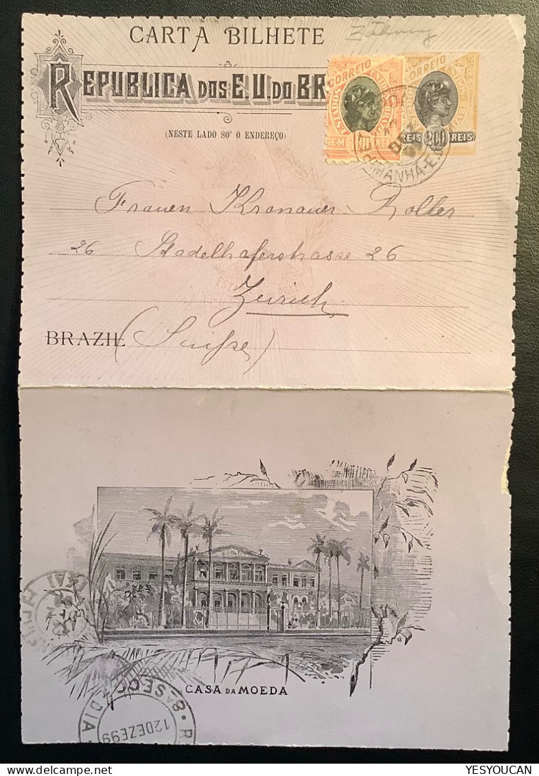 Brazil PETROPOLIS 1899 200reis Postal Stationery Letter Card (carta Bilhete)>Zürich, Schweiz (Brasil Cover - Postal Stationery