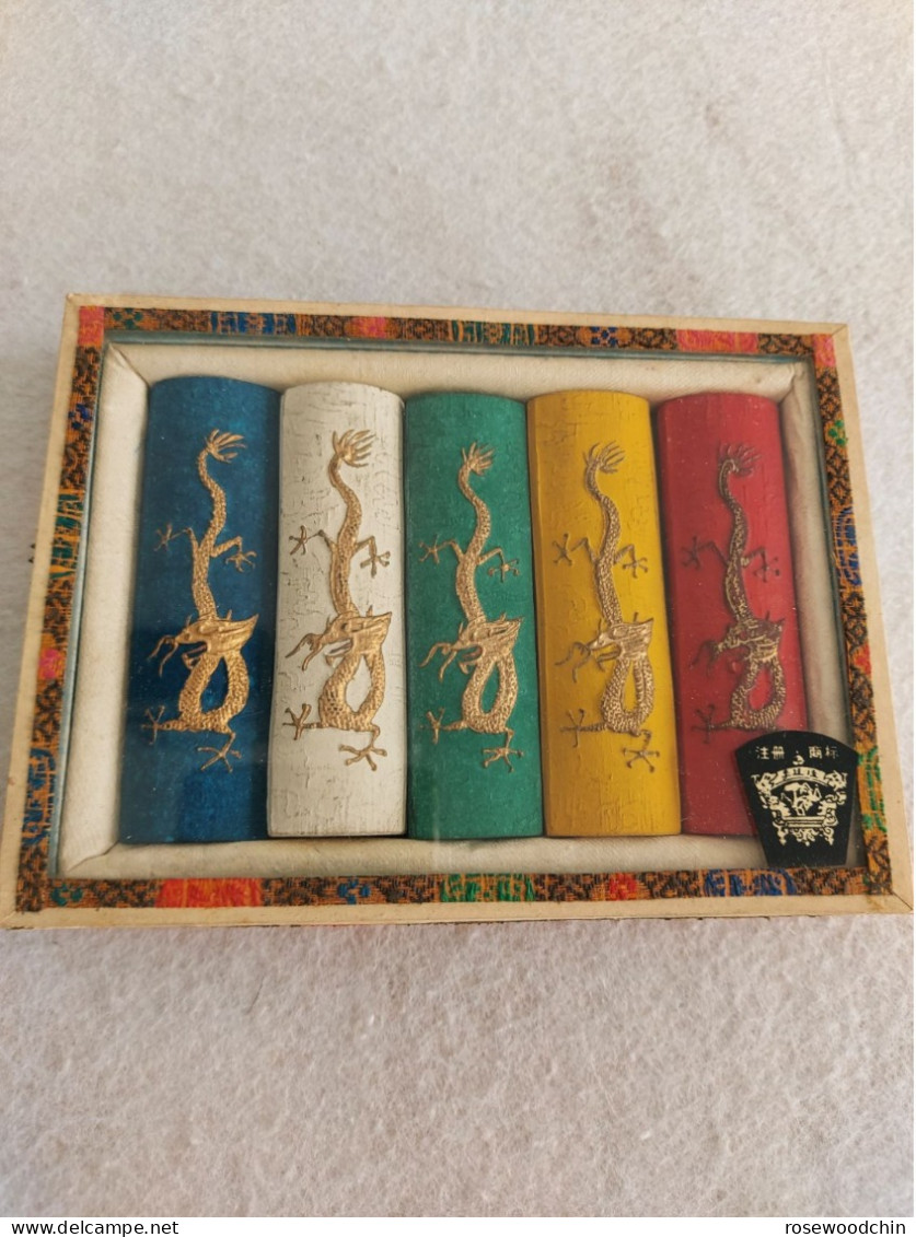 Vintage ! Chinese Five Calligraphy Colour Ink Sticks "Dragon" In Glass Lidded Box - Asian Art