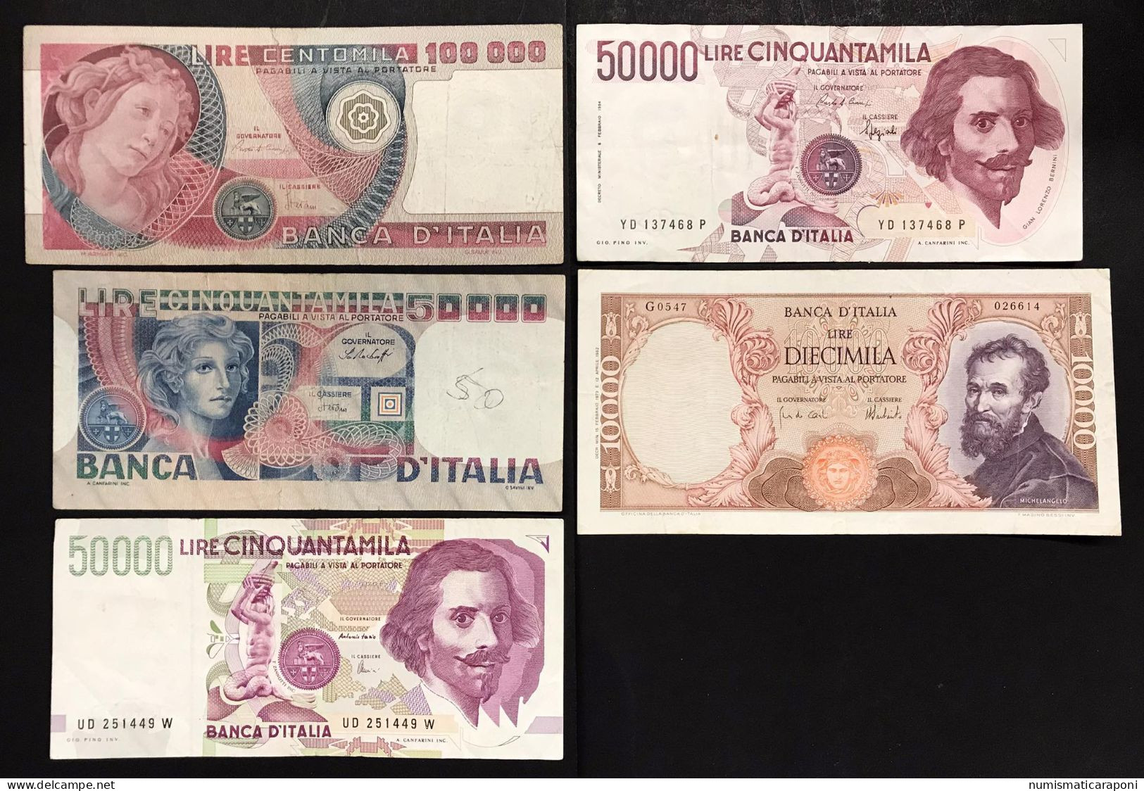 10000 Lire Michelangelo + 50000 Volto  + Bernini I° + II° Tipo + 100000 Lire + 100000 Lire Botticelli   LOTTO 2805 - 1000 Lire