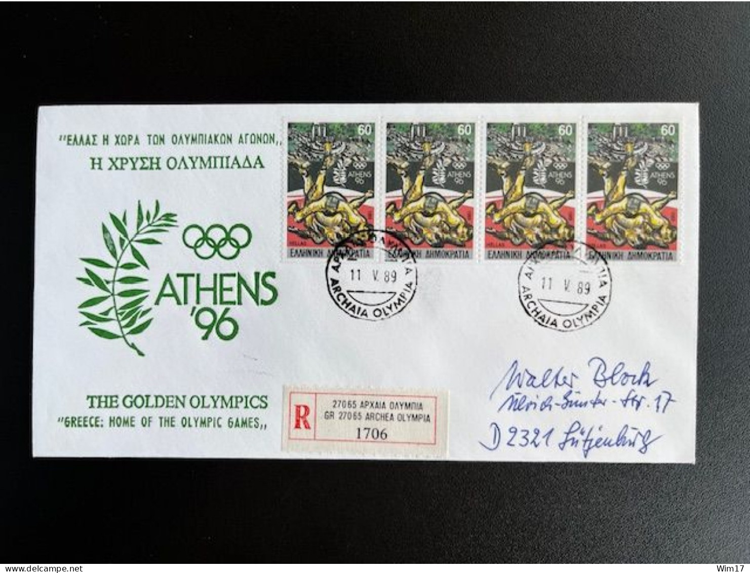 GREECE 1989 REGISTERED COVER ARCHEA OLYMPIA TO LUTJENBURG 11-05-1989 OLYMPIC GAMES GRIEKENLAND - Lettres & Documents