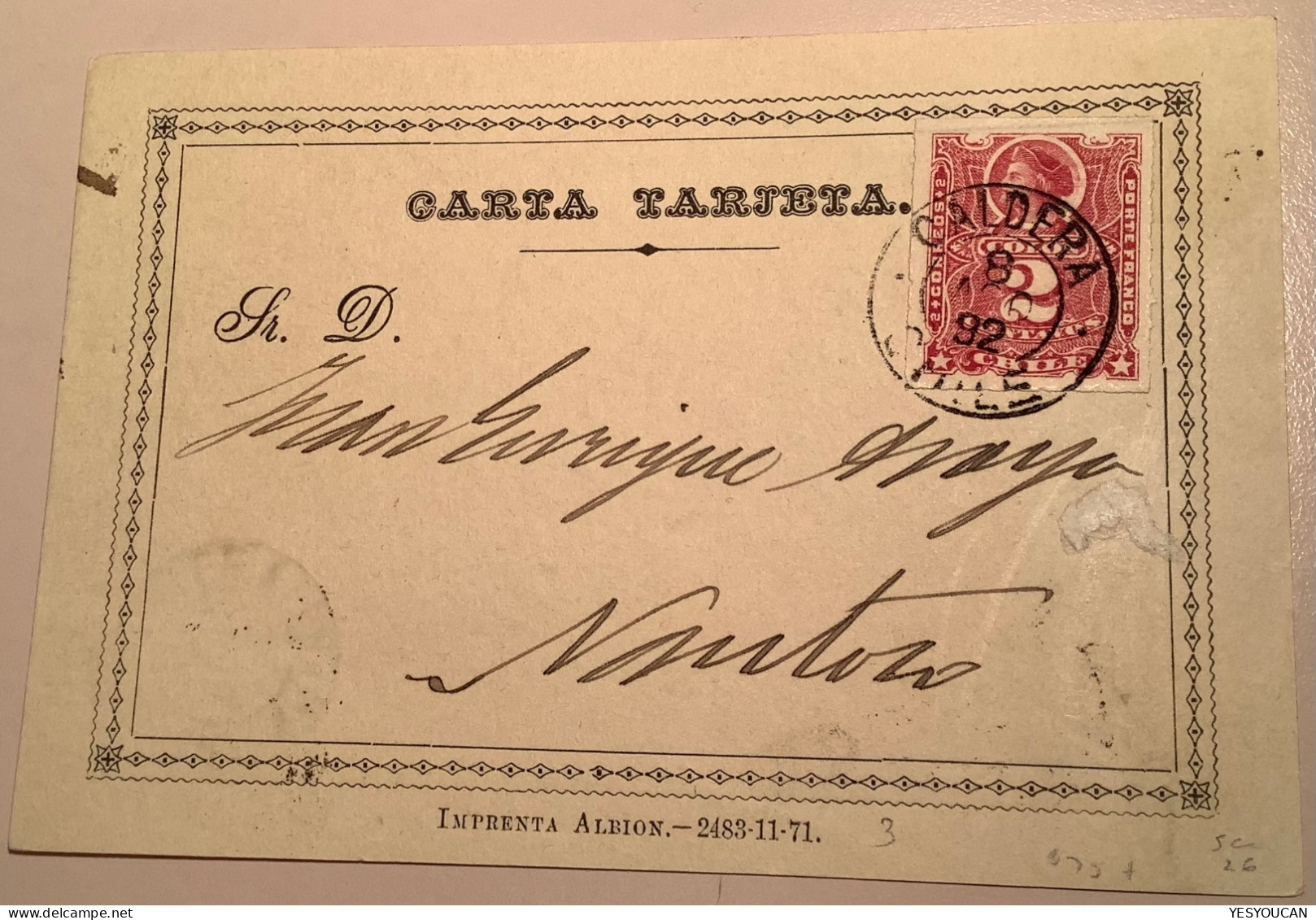 R ! 1892 CARTA TARJETA Postal Stationery Formular Card Franked With 2c From CALDERA>Tierra Amarilla (Chile - Chili