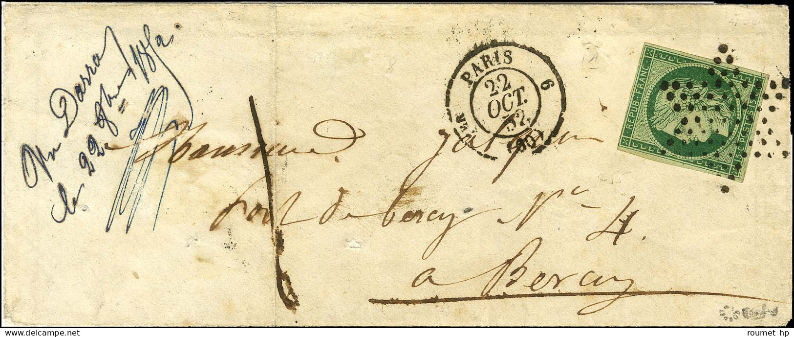 Etoile / N° 2 Vert Très Foncé Càd PARIS (60) Sur Lettre Territoriale Insuffisamment Affranchie Pour Bercy Taxée 1. 1852. - 1849-1850 Cérès