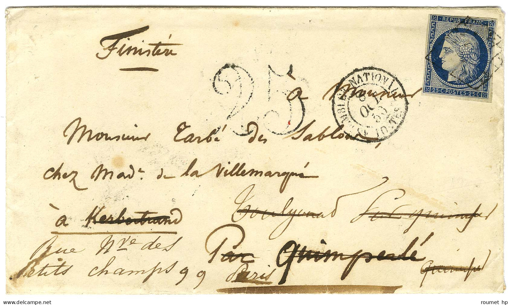 Grille / N° 4 (filet à Peine Effleuré) Càd ASSEMBLEE NATIONALE / POSTES Sur Enveloppe Avec Texte Pour Quimperlé Avec Plu - 1849-1850 Ceres