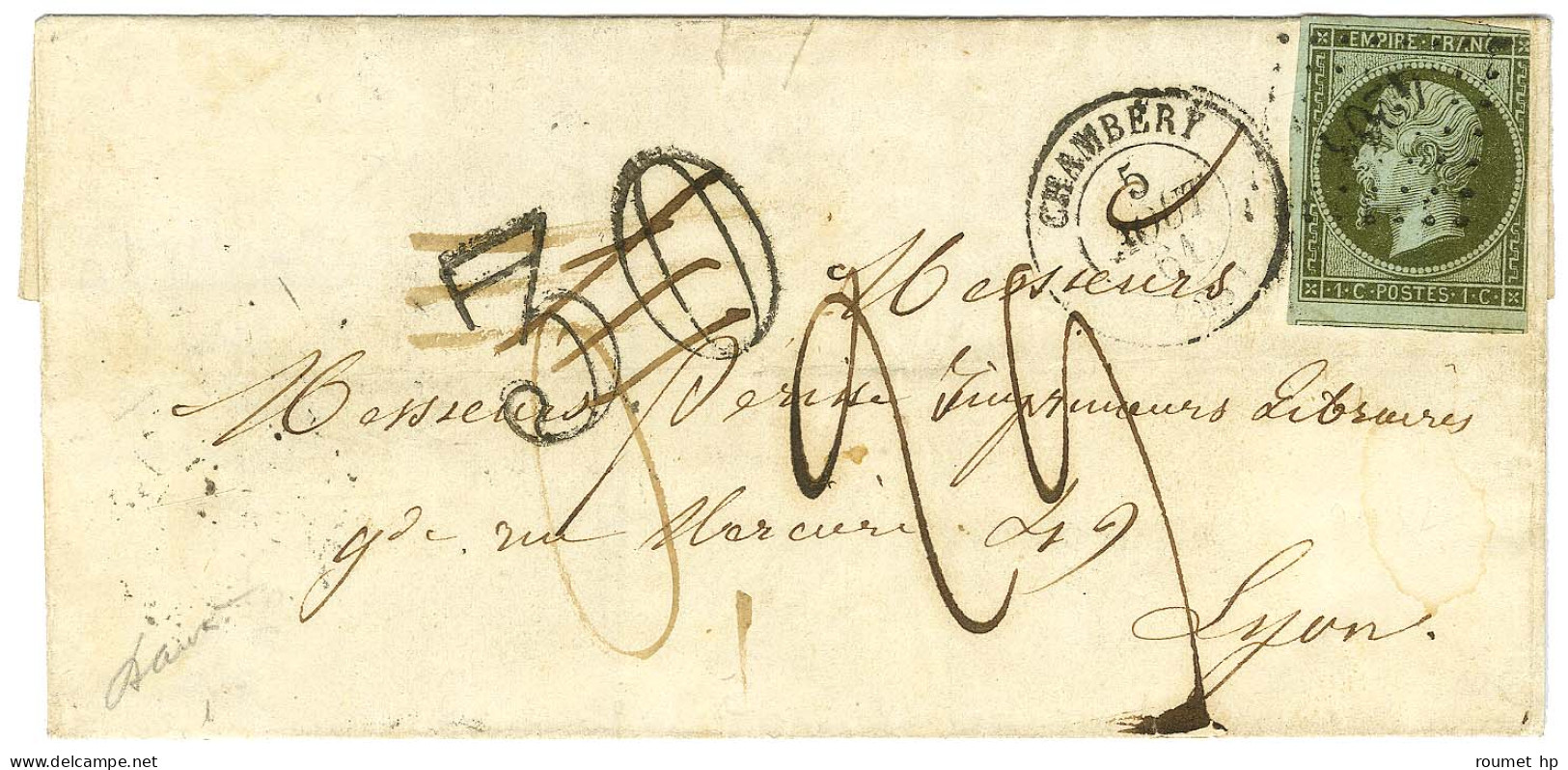 PC 4206 / N° 11 (leg Def) Càd T 15 CHAMBERY (88) Sur Lettre Territoriale Insuffisamment Affranchie Pour Lyon, Taxe 30 DT - 1853-1860 Napoléon III.