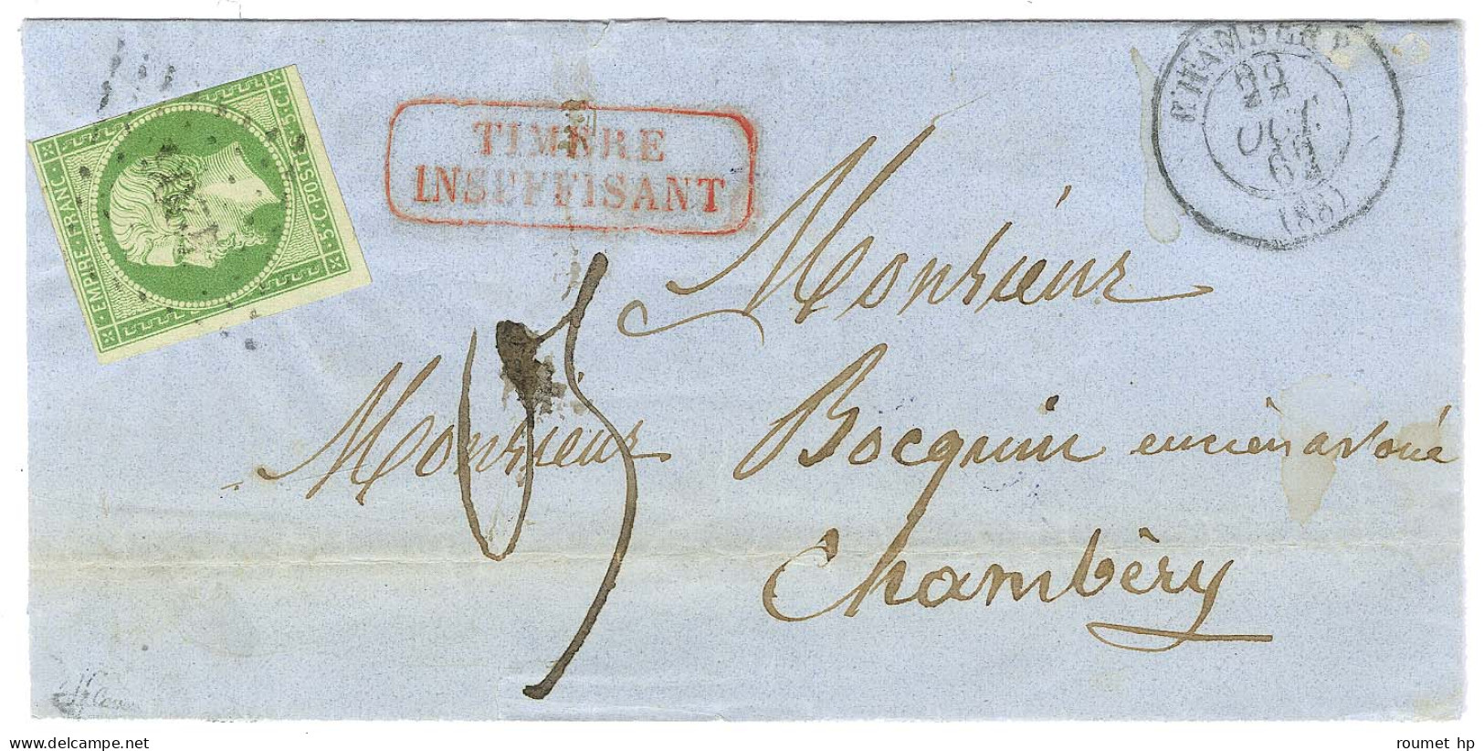 PC 4206 / N° 12 (leg Def) Càd T 15 CHAMBERY (88) Sur Lettre Locale Insuffisamment Affranchie. Au Recto, Griffe Rouge Enc - 1853-1860 Napoléon III