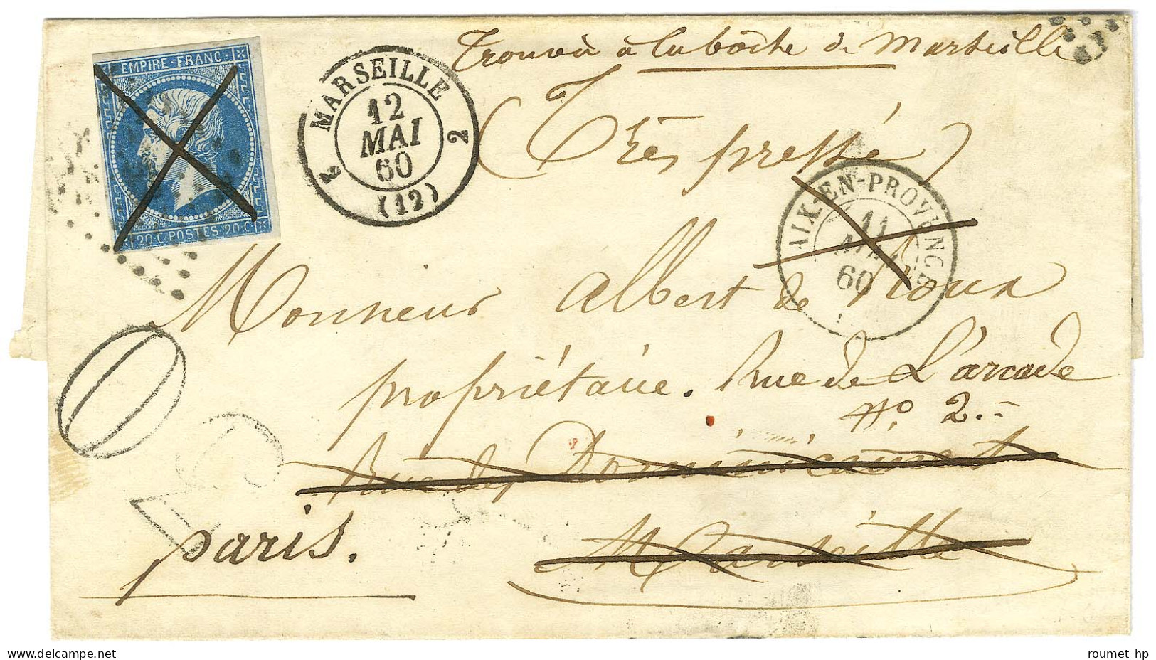 PC 33 / N° 14 Càd T 15 AIX EN PROVENCE (12) Sur Lettre Pour Marseille. Au Recto, Mention Manuscrite '' Trouvée à La Boit - 1853-1860 Napoléon III