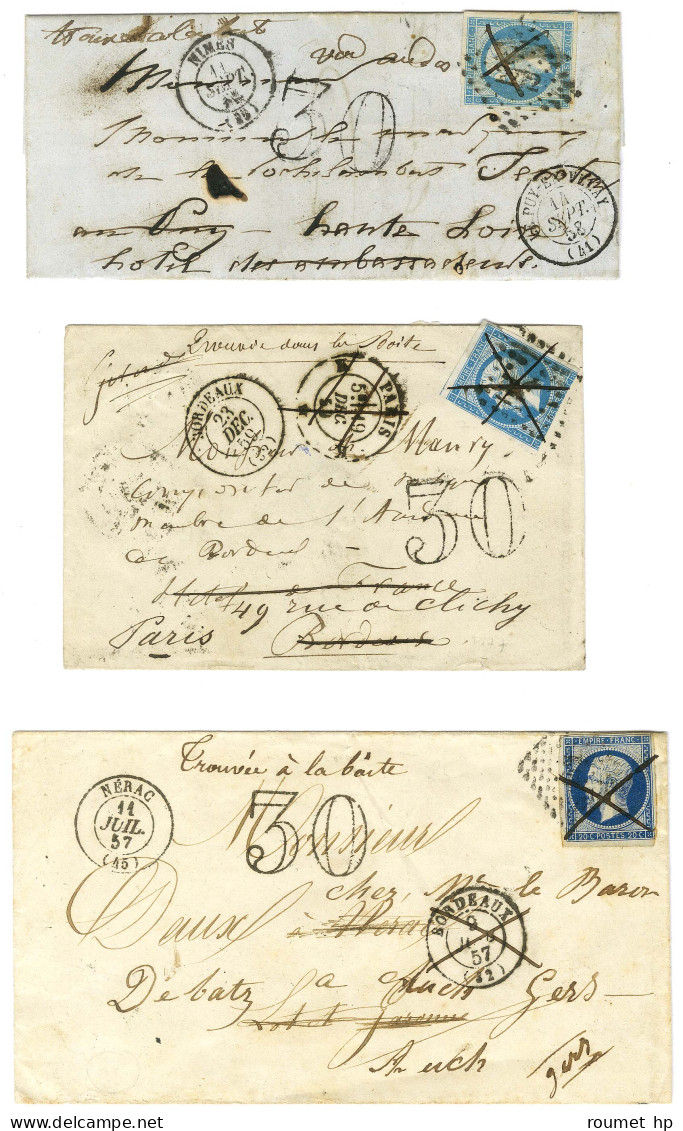 Lot De 3 Lettres Affranchies Avec N° 14 Taxées 30 DT Pour Lettres '' Trouvée à La Boite ''. - TB. - 1853-1860 Napoléon III