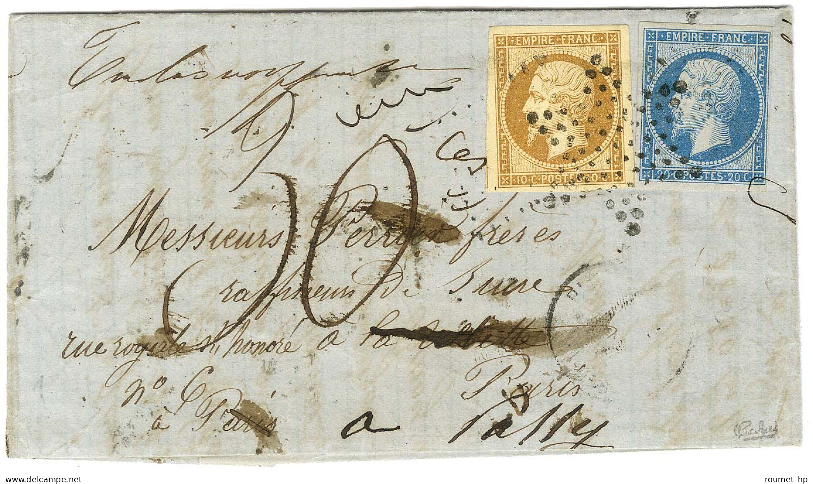 PC 2437 Très Faiblement Apposé / N° 13 + 14 Sur Lettre 2 Ports Insuffisamment Affranchie Pour Paris Réexpédiée à Passy,  - 1853-1860 Napoléon III