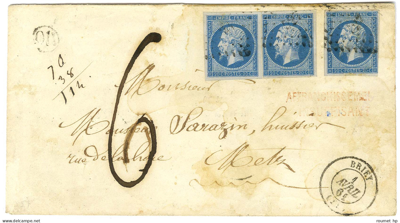 PC 527 / N° 14 (3) Càd T 15 BRIEY (52) Sur Lettre 3 Ports Insuffisamment Affranchie Pour Metz, Taxée 6. 1861. - TB. - 1853-1860 Napoléon III