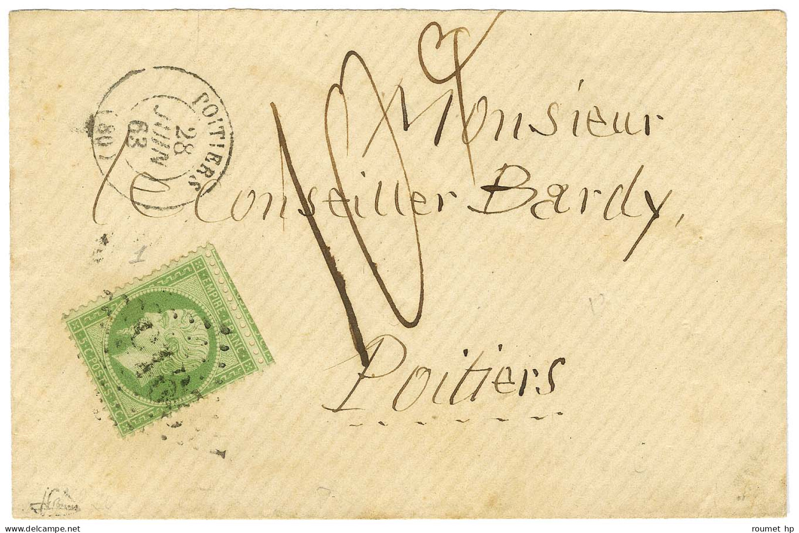 GC 2915 / N° 20 Càd T 15 POITIERS (80) Sur Lettre Insuffisamment Affranchie Adressée Localement Taxée 10. 1863. - TB. - 1862 Napoléon III.