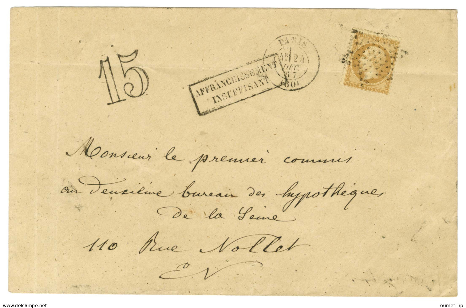 Etoile / N° 21 Càd PARIS (60) 24 DEC. 67 Sur Lettre 2 Ports Insuffisamment Affranchie Pour Paris. Au Recto, Griffe AFFRA - 1862 Napoléon III