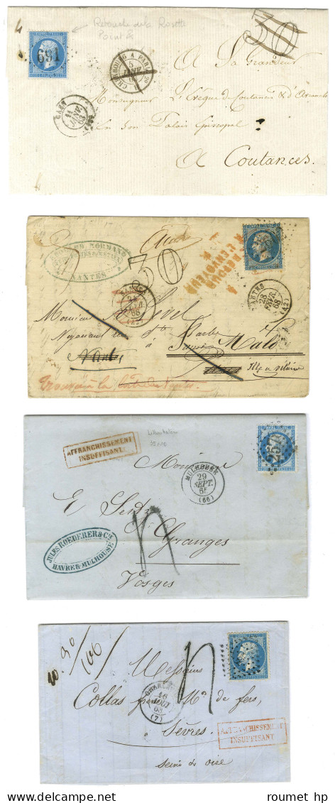 Lot De 4 Lettres Affranchies Avec N° 22 Taxées 30 DT Et 4 Au Tampon. - TB. - 1862 Napoléon III