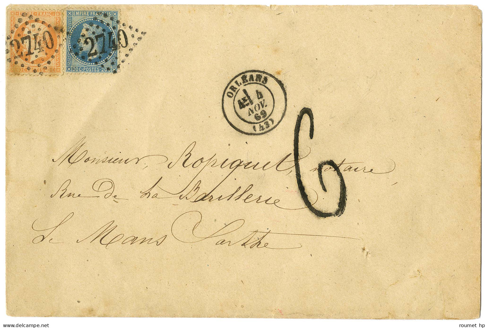 GC 2740 / N° 23 + 29 Càd T 17 ORLEANS (43) Sur Lettre 3 Ports Insuffisamment Affranchie Pour Le Mans. Au Recto, Taxe Tam - 1862 Napoléon III