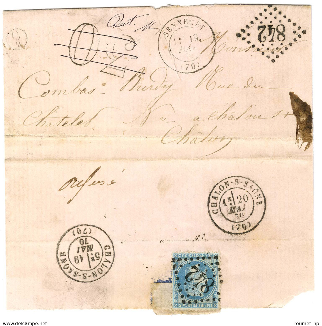 GC 842 / N° 29 Au Verso D'une Lettre. Au Recto, Càd T 17 SENNECEY (70), Frappe Du GC 842 Et Taxe 30 DT Annulée Plume. 18 - 1863-1870 Napoléon III. Laure