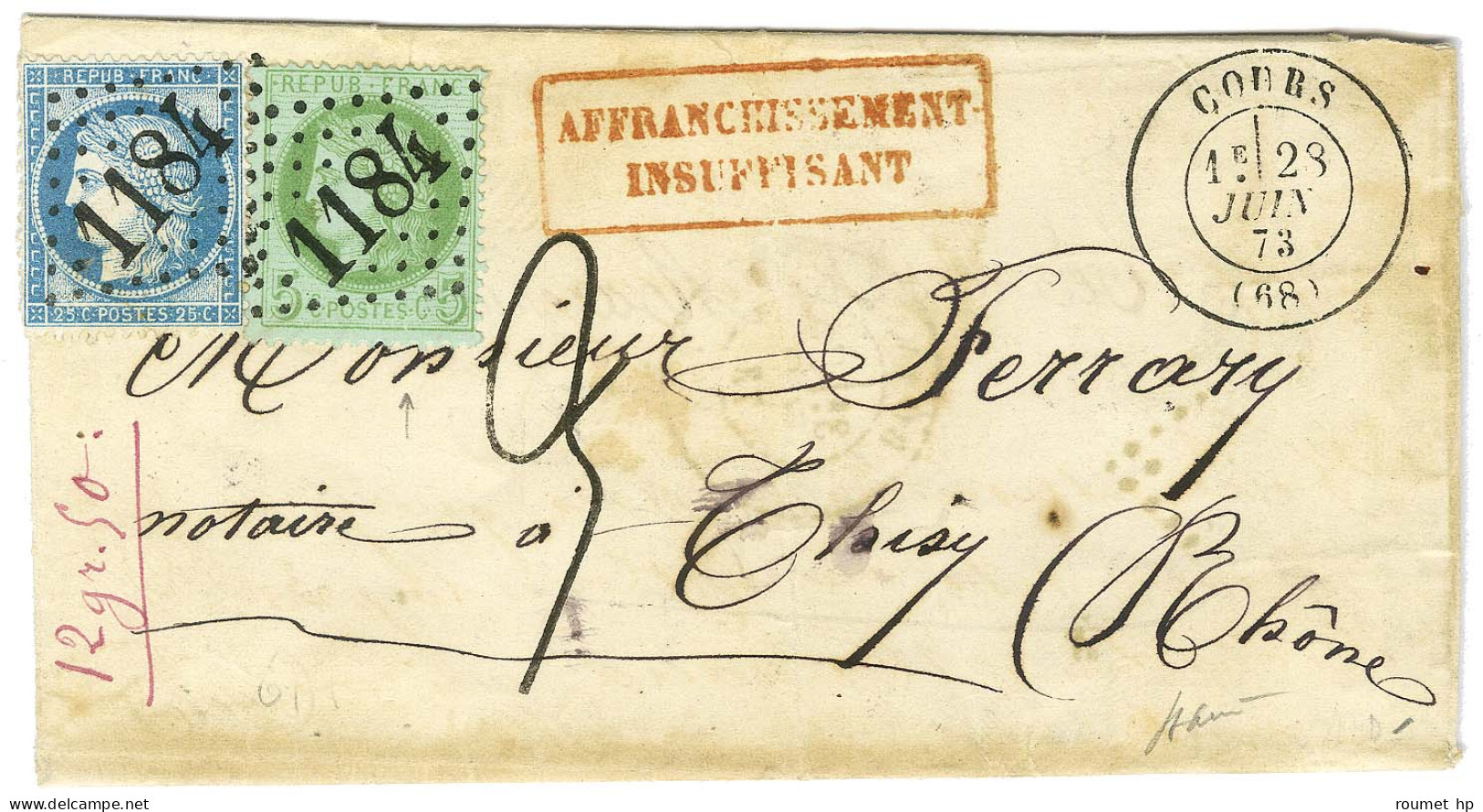 GC 1184 / N° 53 + 50 Càd T 17 COURS (68) Sur Lettre Insuffisamment Affranchie Pour Thisy, Taxe Tampon 3. 1873. - TB / SU - 1871-1875 Cérès