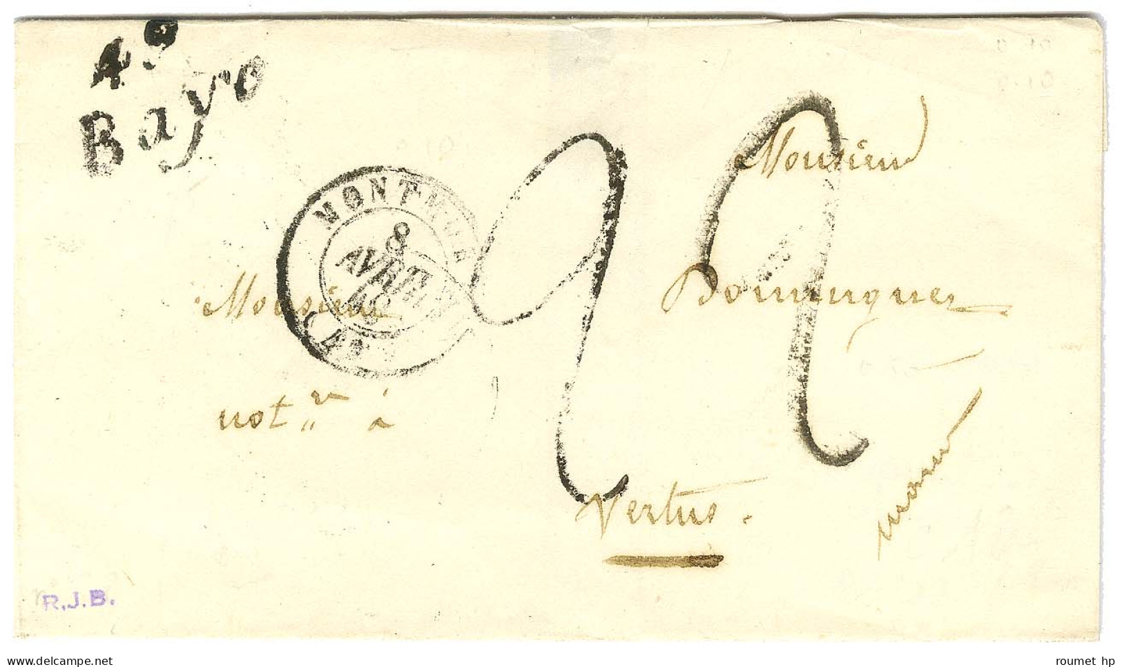 49 / Baye, Càd T 15 MONTMORT (49) Sur Lettre Pour Vertus, Taxe Tampon 2 (2 Frappes). 1849. - TB / SUP. - Other & Unclassified