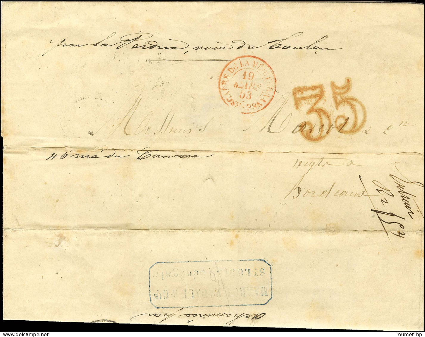 Lettre De Saint Louis Du Sénégal Datée Du 7 Février 1853 Pour Bordeaux. Au Recto, Càd D'entrée Rouge ESCADRE DE LA MEDIT - Marques D'entrées