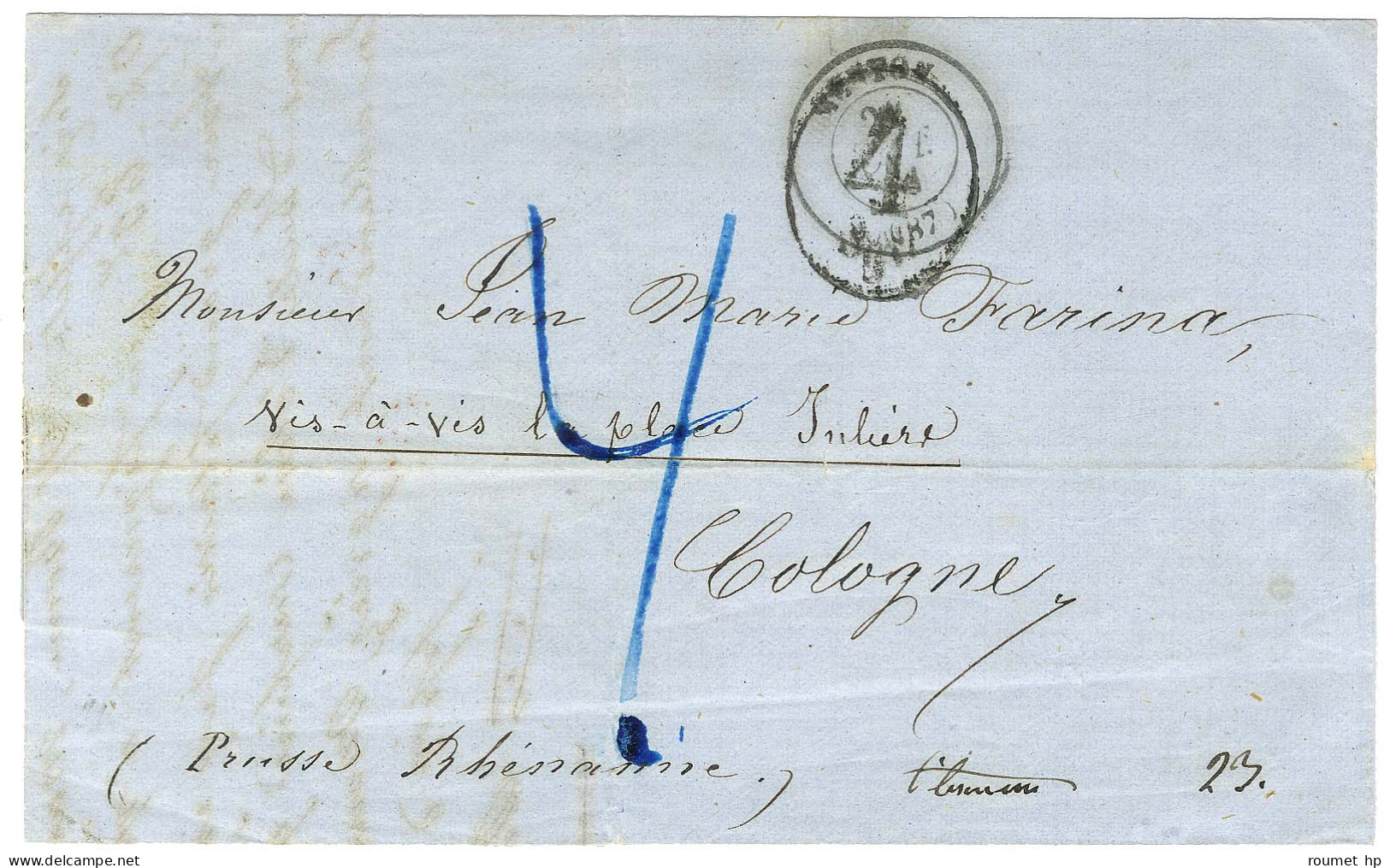 Càd T 15 MENTON (87) Sur Lettre Pour Cologne. Au Recto, Taxe 4 SGR Au Tampon Et Taxe 4kr Bleue. 1861. - TB. - Other & Unclassified