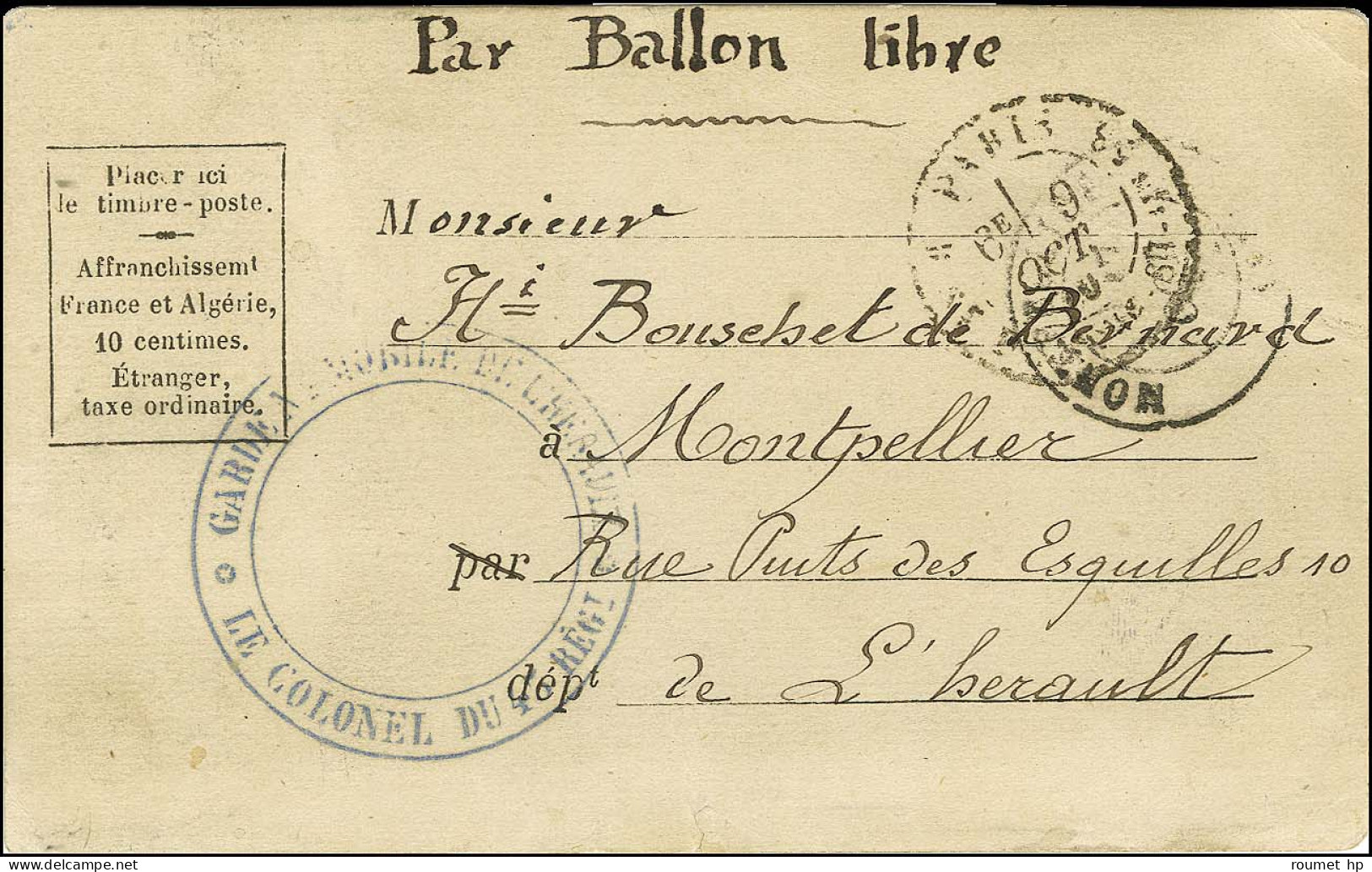 Càd PARIS / R. SAINT DOMque ST GN N° 53 9 OCT. 70 Sur Carte En Franchise Militaire Pour Montpellier. Au Recto Et Verso,  - War 1870