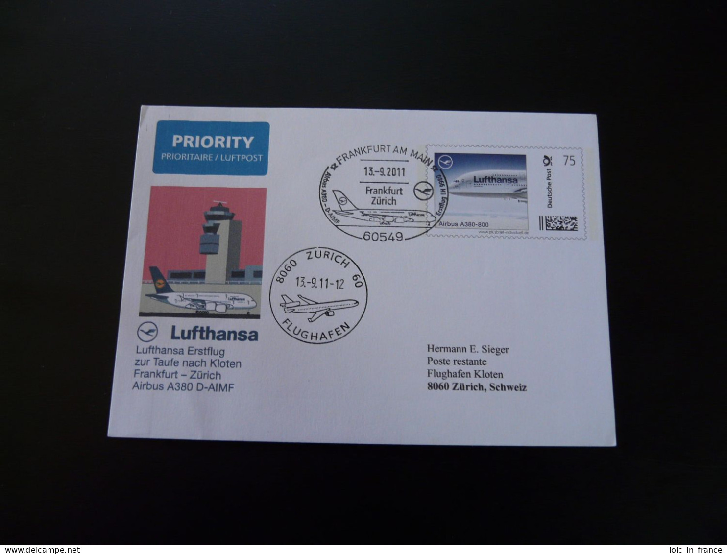 Plusbrief Lettre Premier Vol First Flight Cover Frankfurt Zurich Airbus A380 Lufthansa 2011 - Privatumschläge - Gebraucht