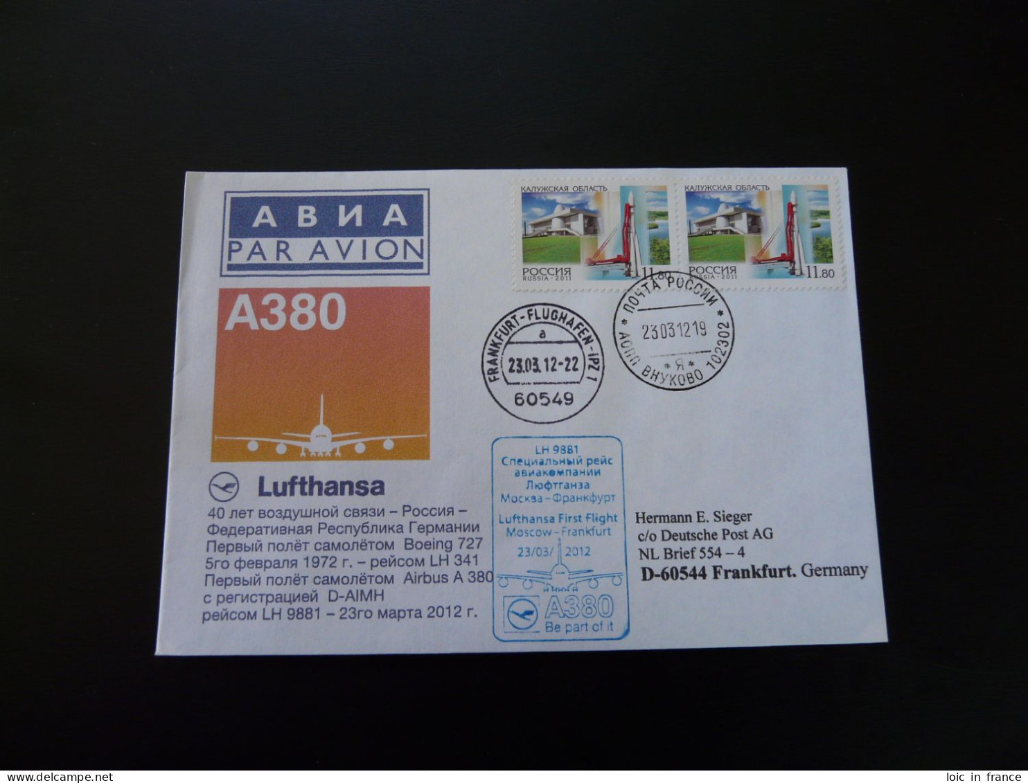 Lettre Premier Vol First Flight Cover Moscow Frankfurt Airbus A380 Lufthansa 2012 - Brieven En Documenten