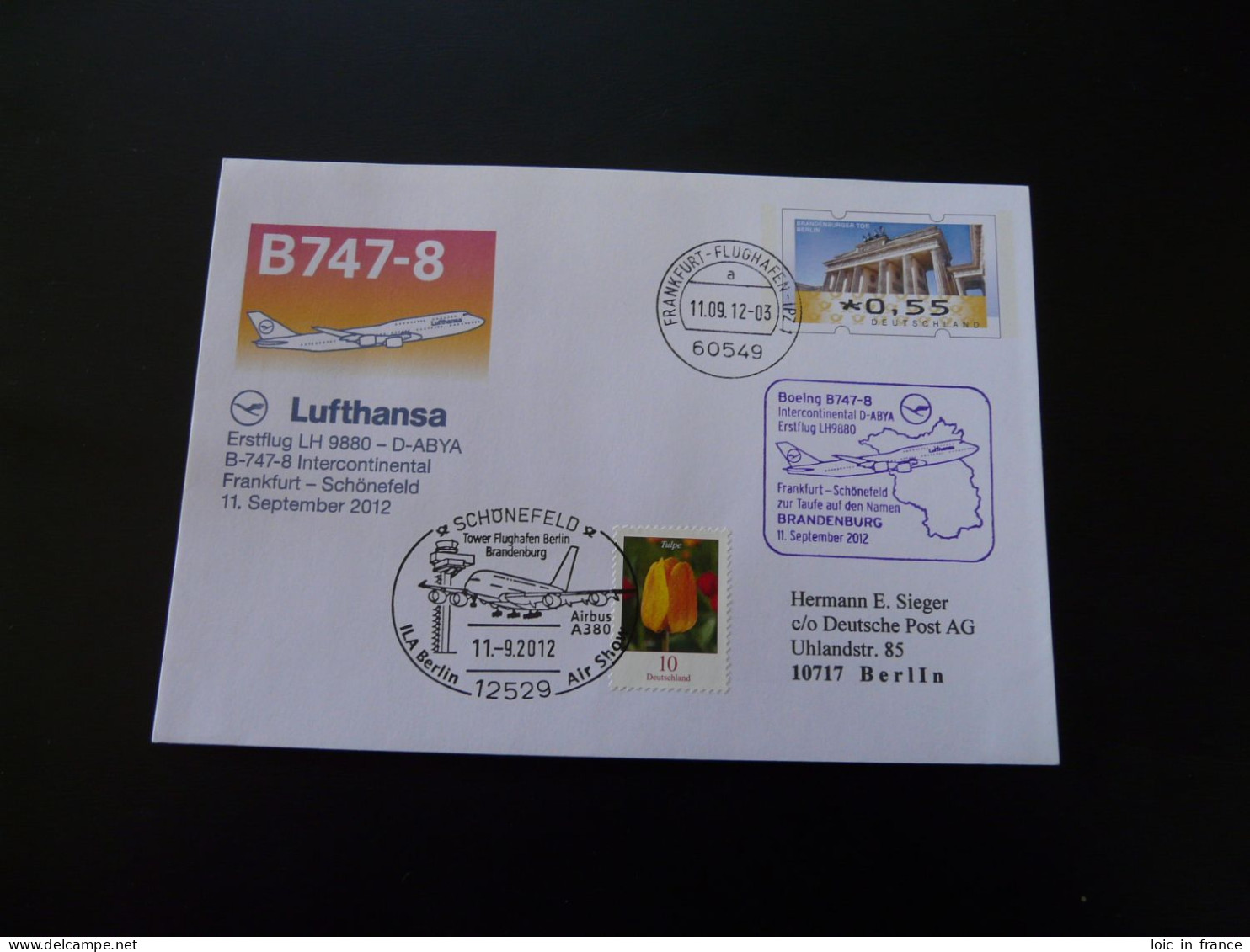 Lettre Premier Vol First Flight Cover Frankfurt Berlin Boeing 747 Intercontinental Lufthansa 2012 - Privatumschläge - Gebraucht