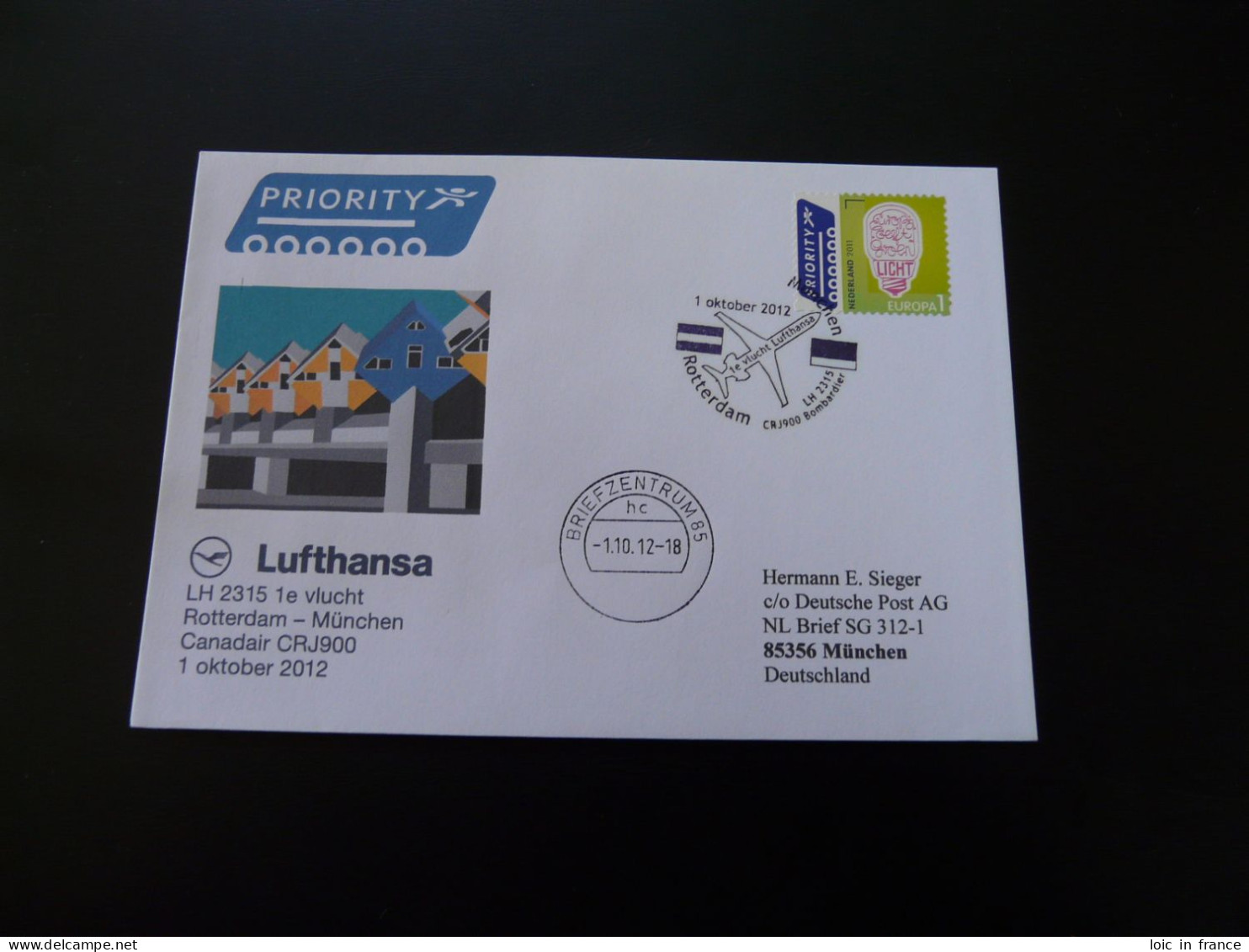 Lettre Premier Vol First Flight Cover Rotterdam Munchen Canadair CRJ900 Lufthansa 2012 - Covers & Documents