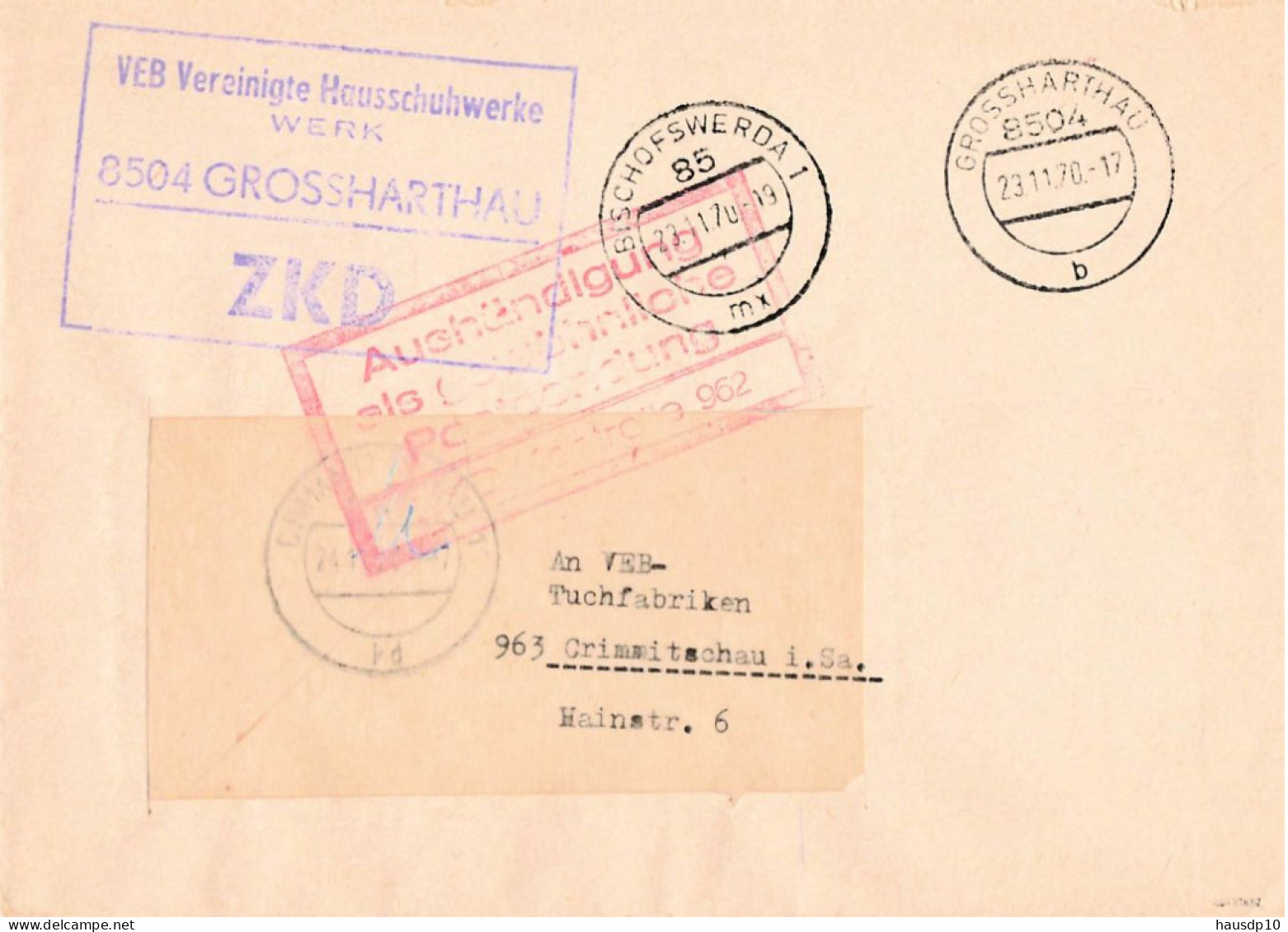 DDR ZKD Brief VEB Vereinigte Hausschuhwerke Grossharthau 1970 - Zentraler Kurierdienst